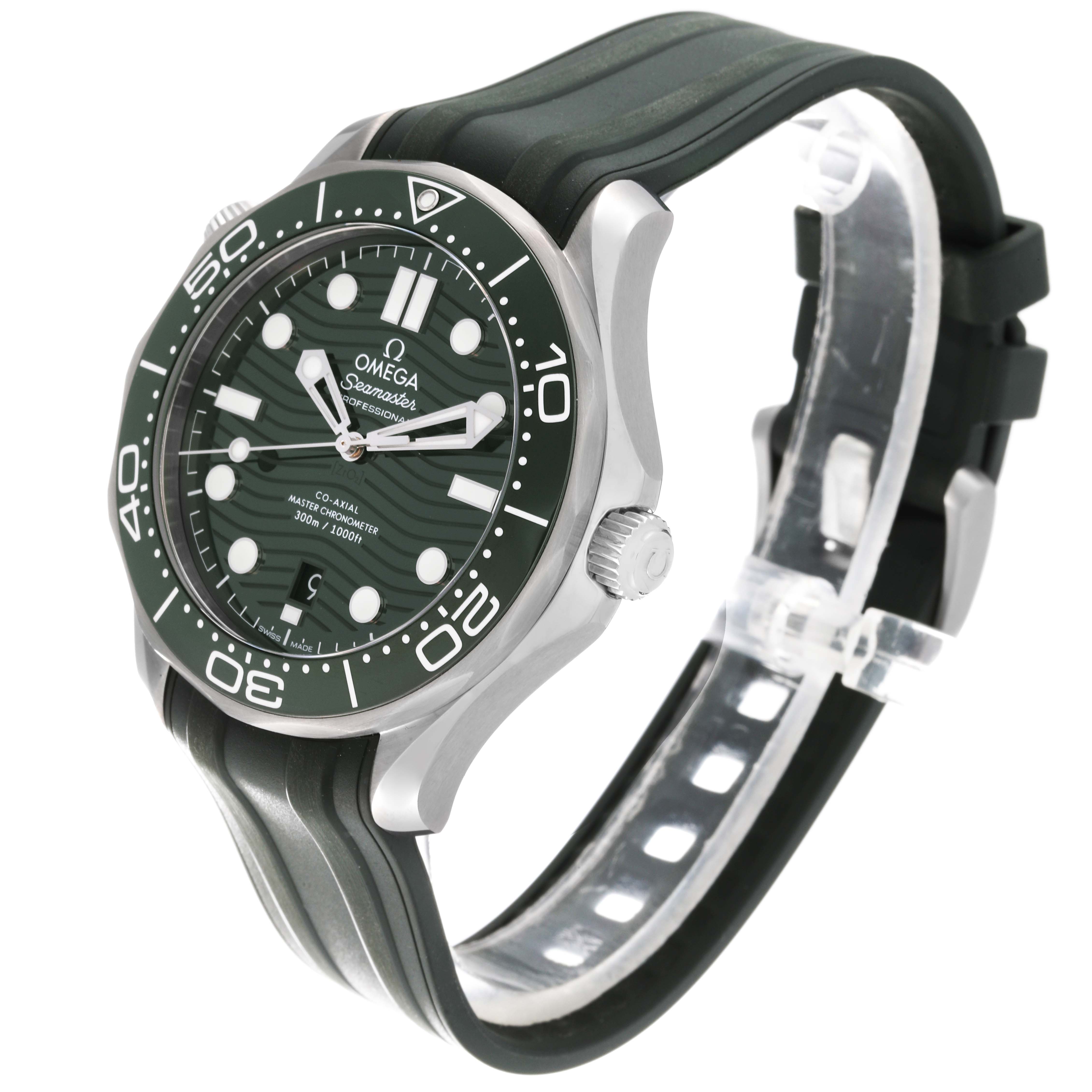 The image shows a side and partially front view of the Omega Seamaster 210.32.42.20.10.001 Men
s Stainless Steel Green Dial 210.32.42.20.10.001 Men
s Stainless Steel Green Dial watch with a green dial, bezel, and strap.