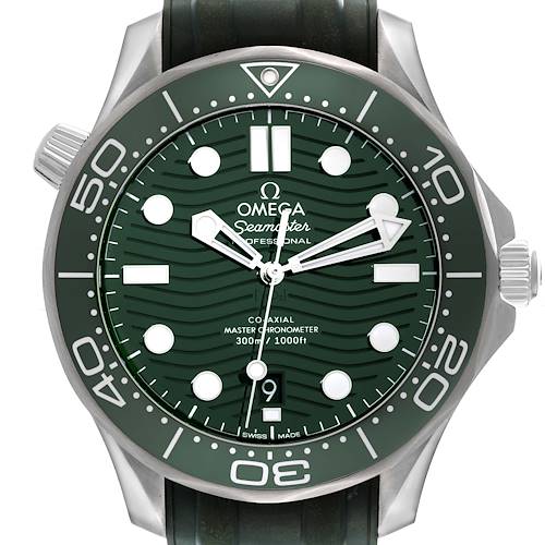 The image shows a front, close-up view of the Omega Seamaster watch, highlighting its green dial, bezel, and rubber strap.