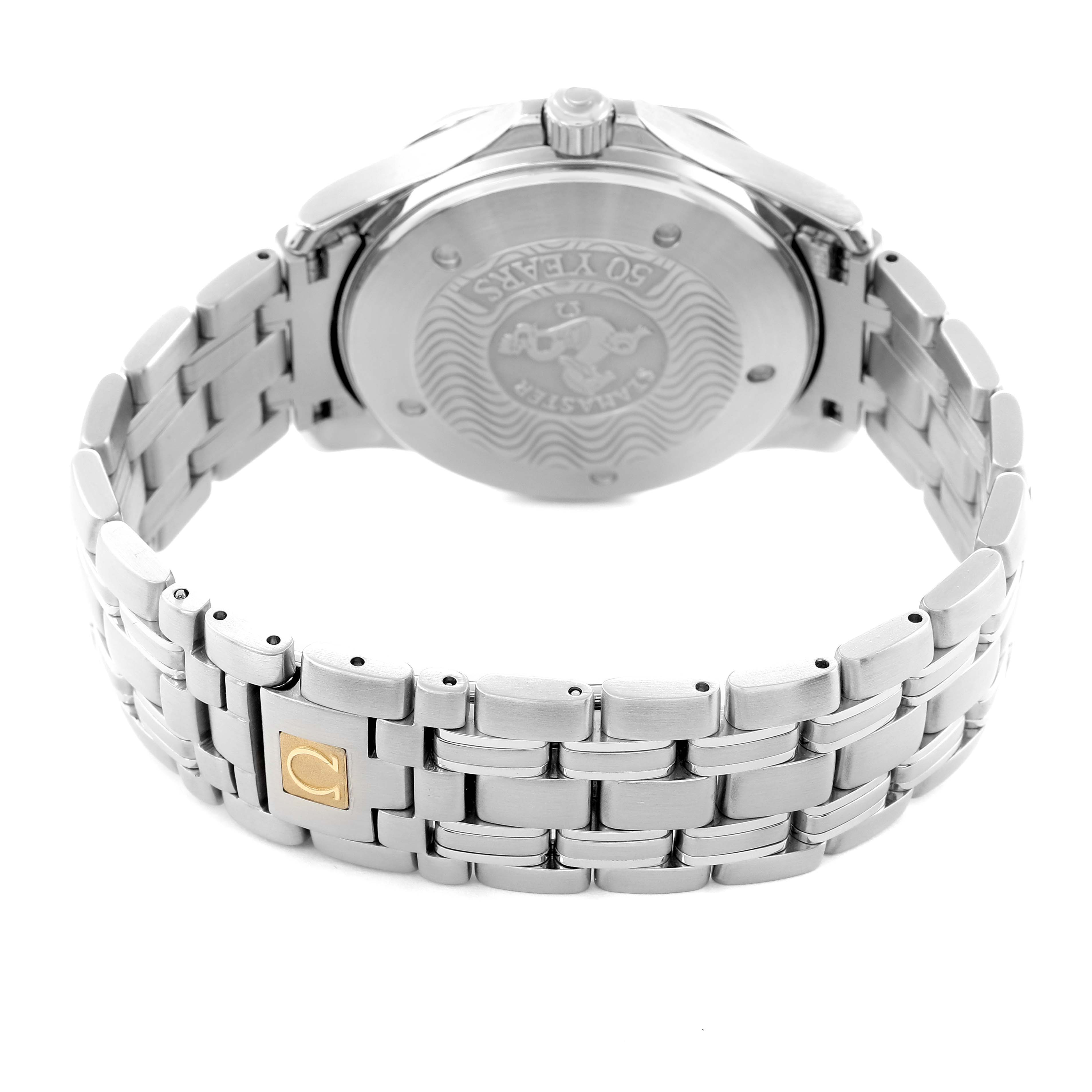 The Omega Seamaster 2534.50.00 Men
s Stainless Steel Black Dial watch is shown from the back, highlighting the case back and metal bracelet with a gold detail.