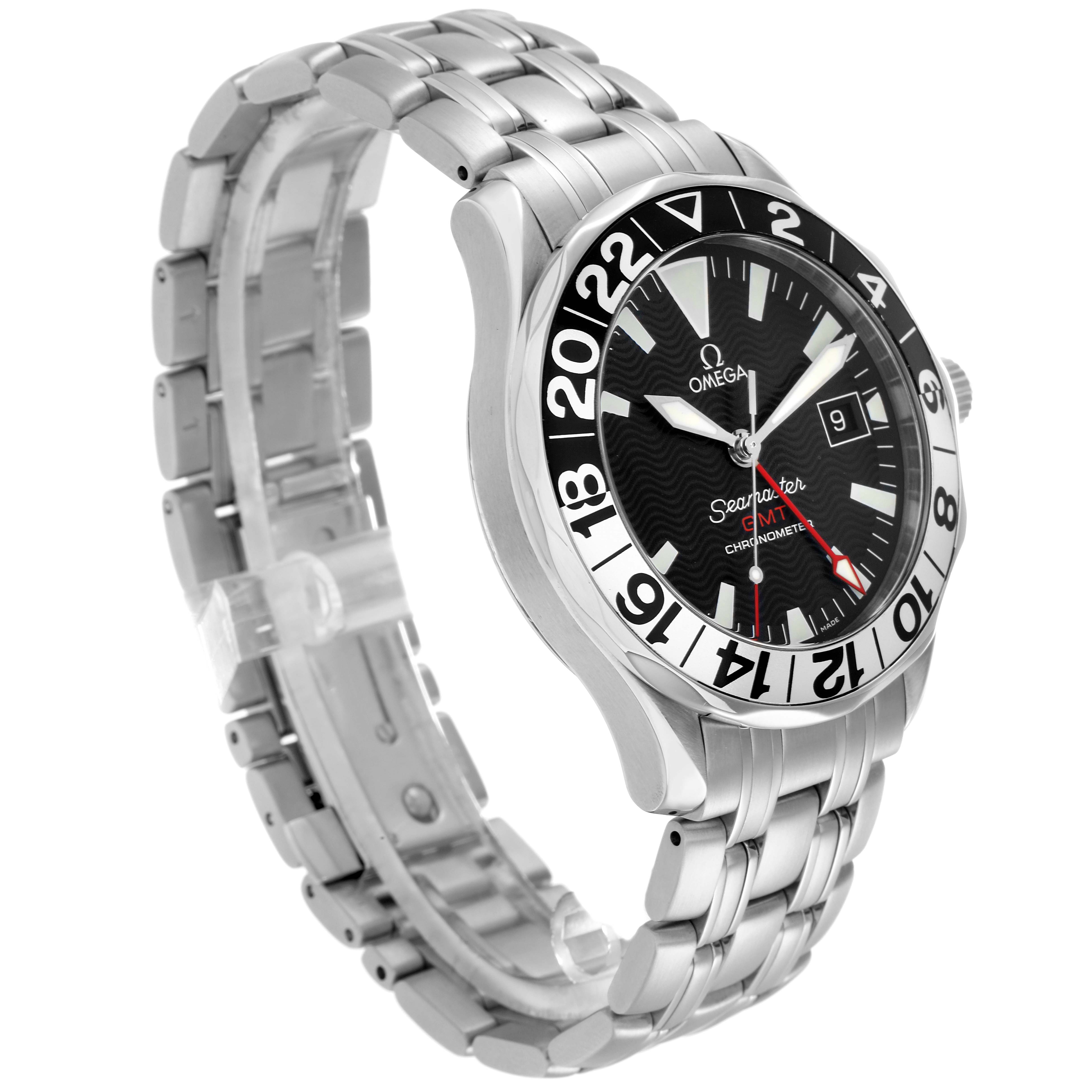 The Omega Seamaster 2534.50.00 Men
s Stainless Steel Black Dial watch is shown in a three-quarter view, displaying the bezel, dial, hands, and bracelet.