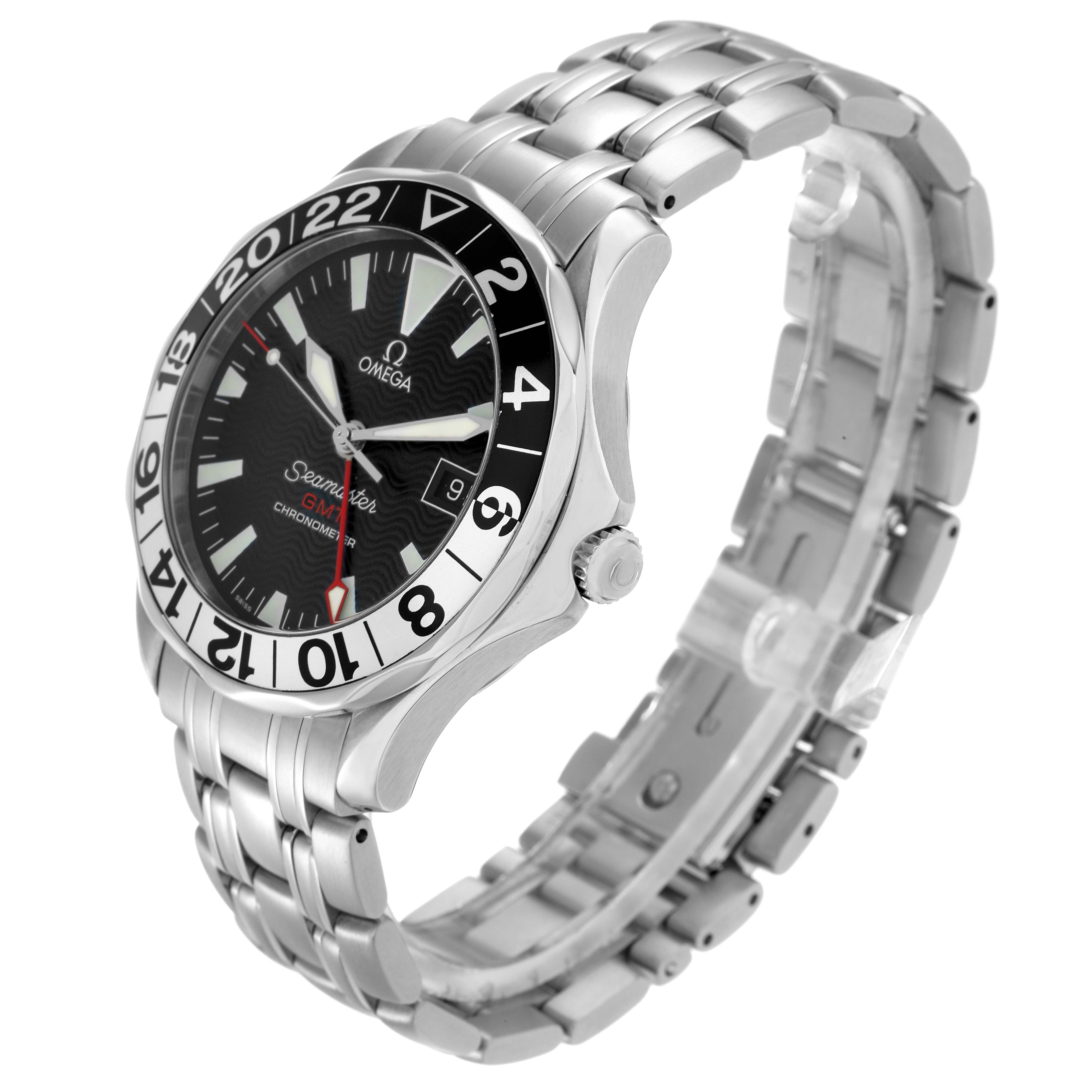 The Omega Seamaster 2534.50.00 Men
s Stainless Steel Black Dial watch is shown at a three-quarter angle, highlighting the bezel, dial, bracelet, and crown.