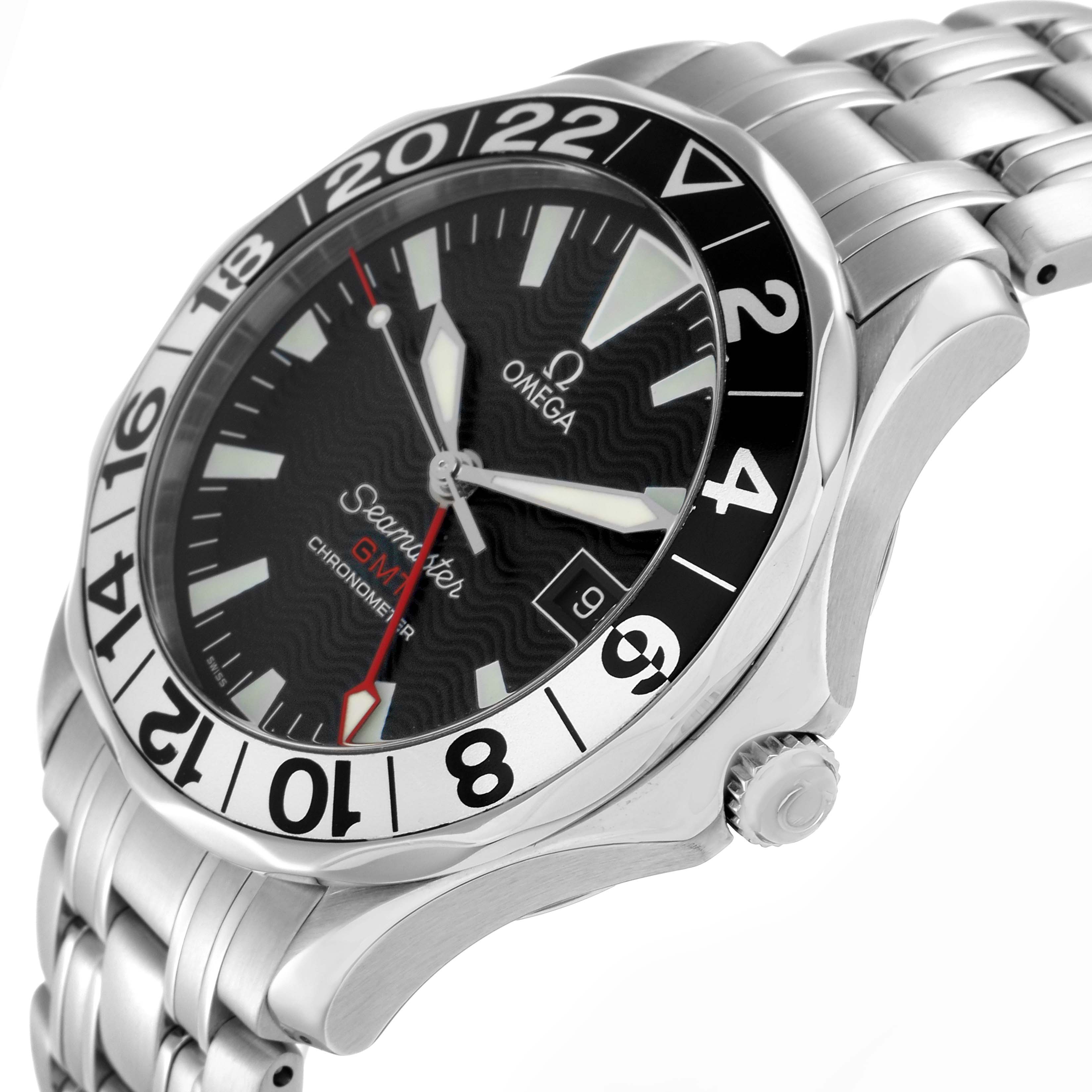 The Omega Seamaster 2534.50.00 Men
s Stainless Steel Black Dial watch is shown at an angled side view, highlighting the bezel, crown, dial, and bracelet.