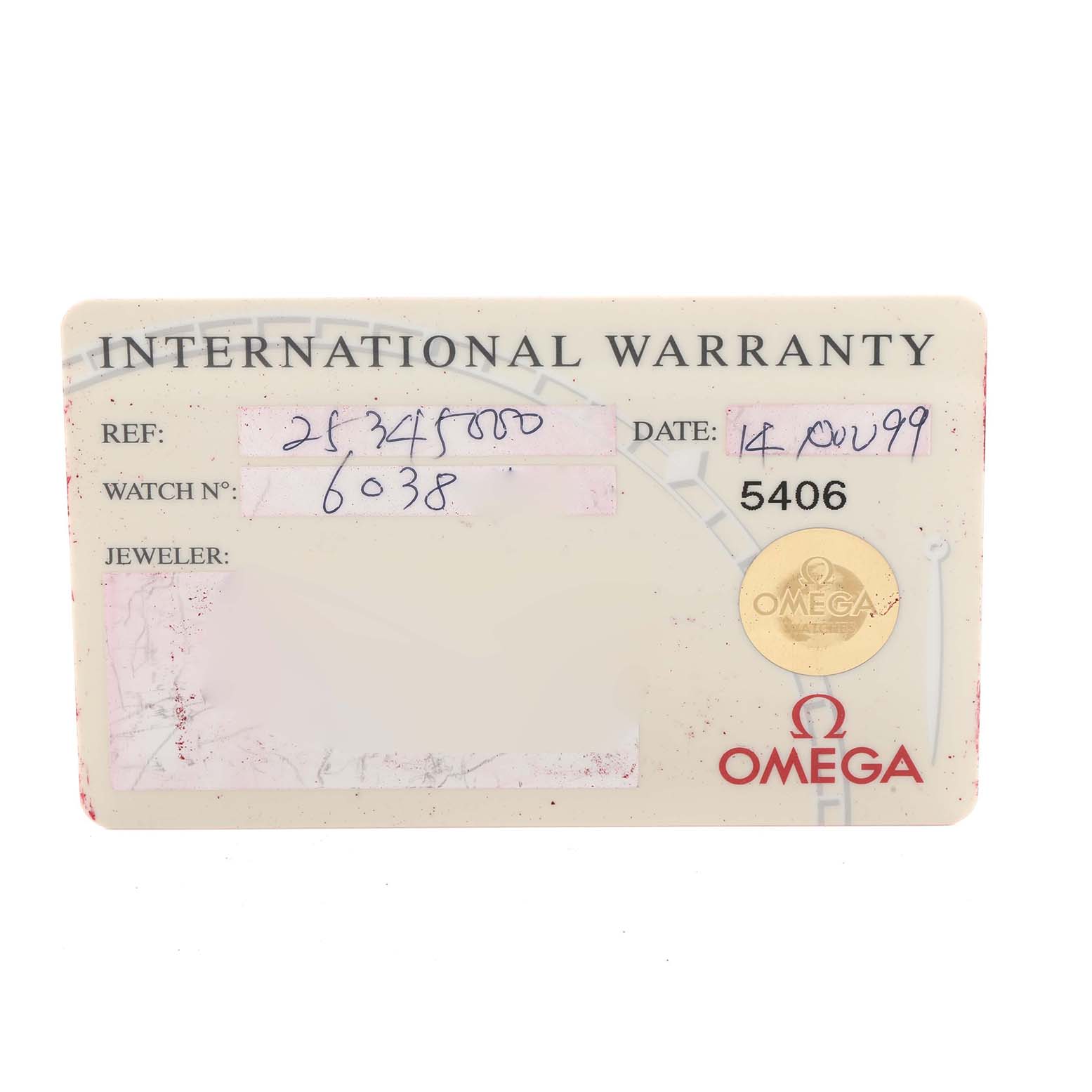 The image shows an International Warranty card for an Omega Seamaster 2534.50.00 Men
s Stainless Steel Black Dial watch, displaying reference numbers and the Omega logo.