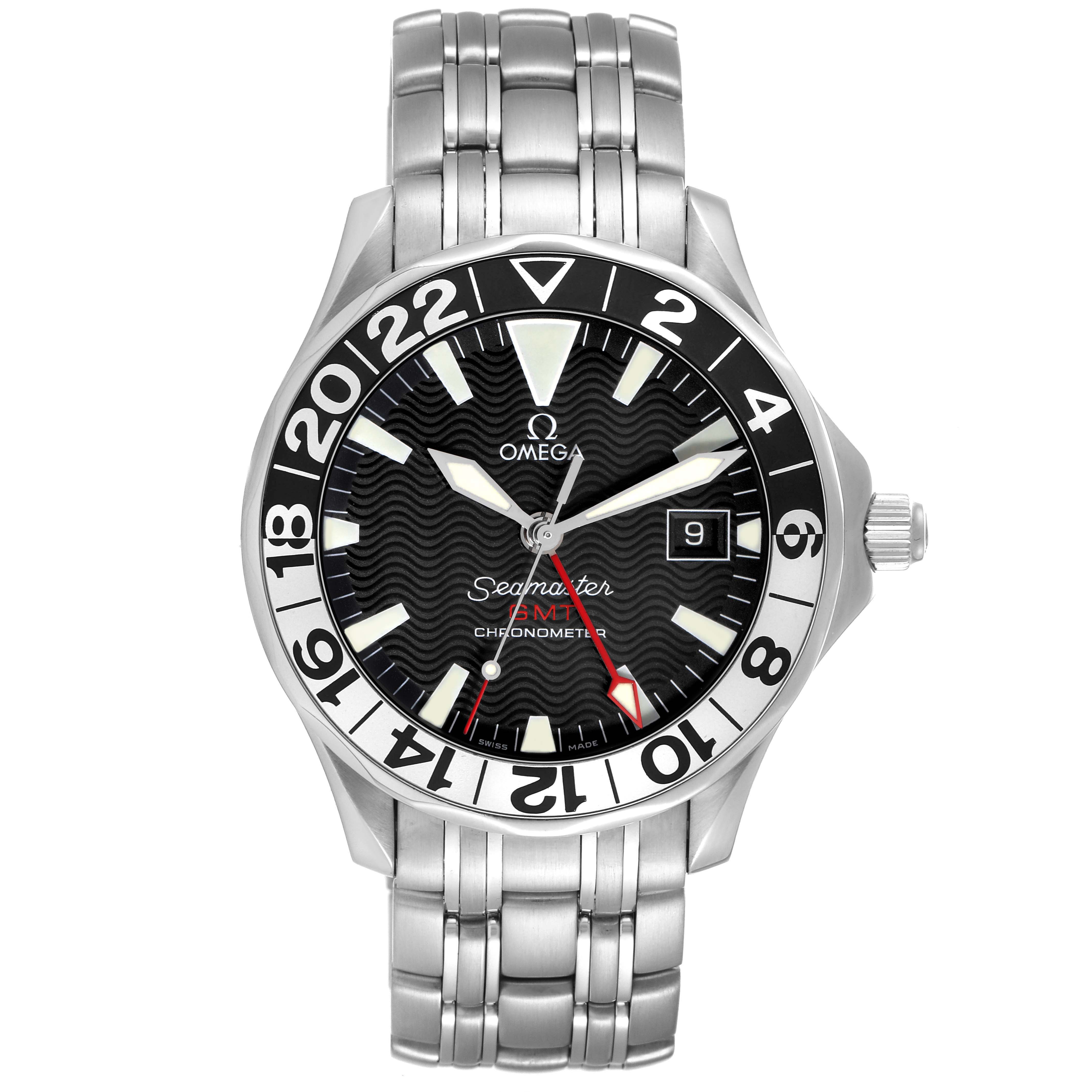 The Omega Seamaster 2534.50.00 Men
s Stainless Steel Black Dial watch is shown from a front angle, highlighting its face, bezel, bracelet, and crown.