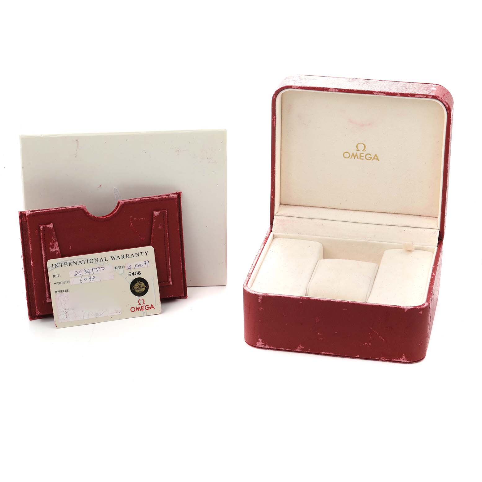 The image shows an Omega Seamaster 2534.50.00 Men
s Stainless Steel Black Dial watch box and warranty card holder at a slightly angled view.