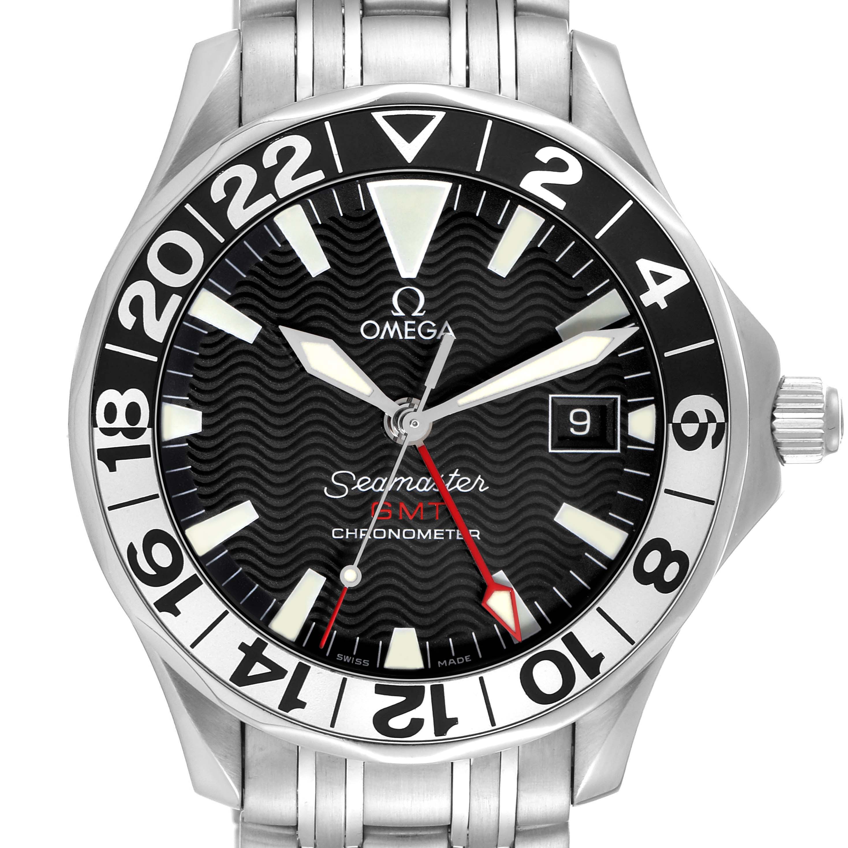 The Omega Seamaster 2534.50.00 Men
s Stainless Steel Black Dial watch is shown from the front, displaying the face, bezel, hands, date window, and part of the bracelet.