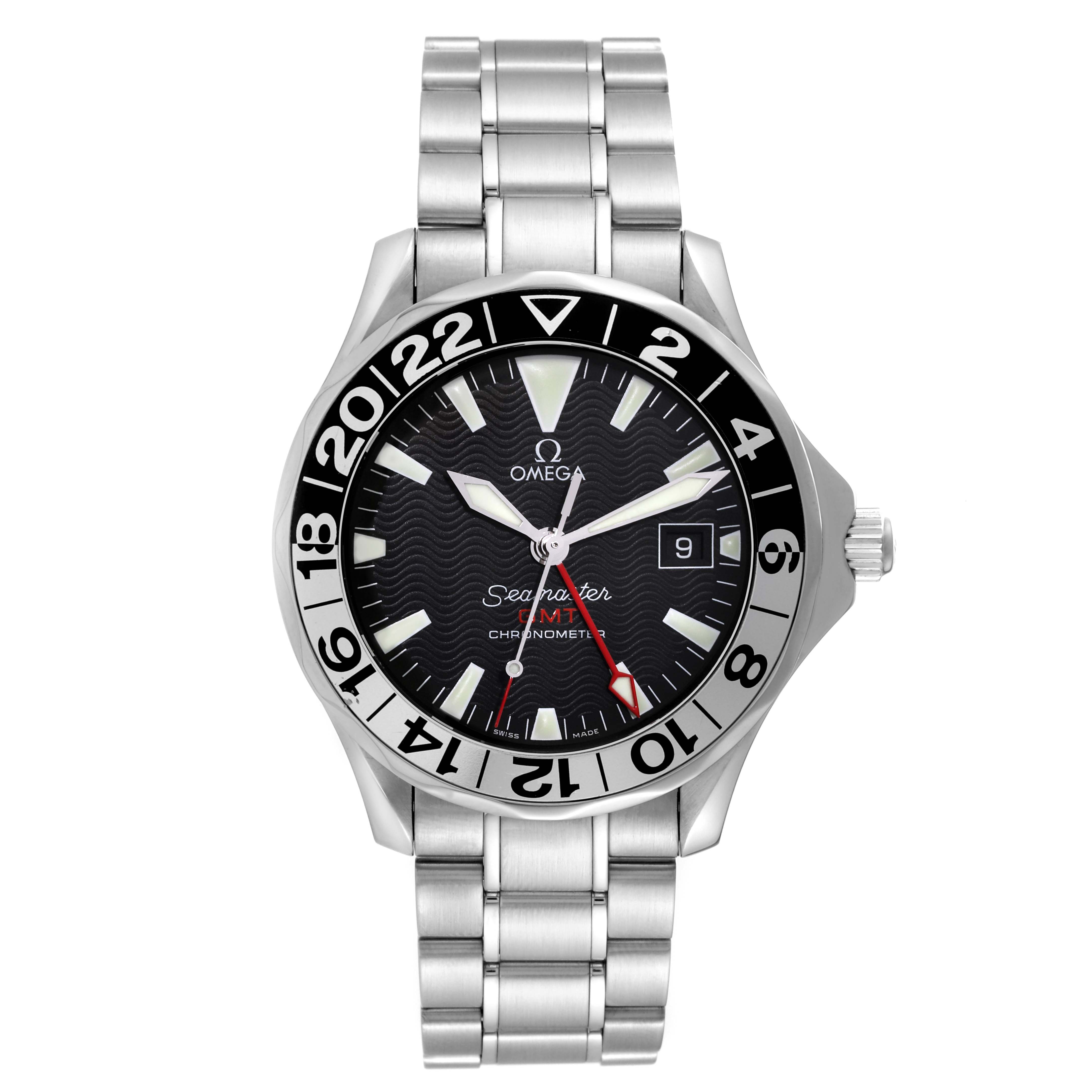 The image shows a front view of an Omega Seamaster 2234.50.00 Men
s Stainless Steel Black Dial 2234.50.00 Men
s Stainless Steel Black Dial watch, displaying the face, bezel, crown, and bracelet.