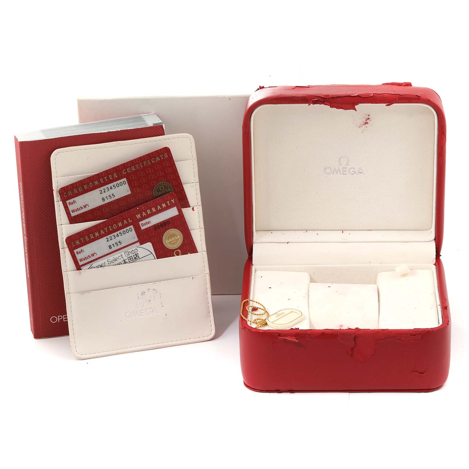 The Omega Seamaster 2234.50.00 Men
s Stainless Steel Black Dial 2234.50.00 Men
s Stainless Steel Black Dial accessories shown include an open red watch box, warranty cards in a white holder, and a separate red Omega booklet.