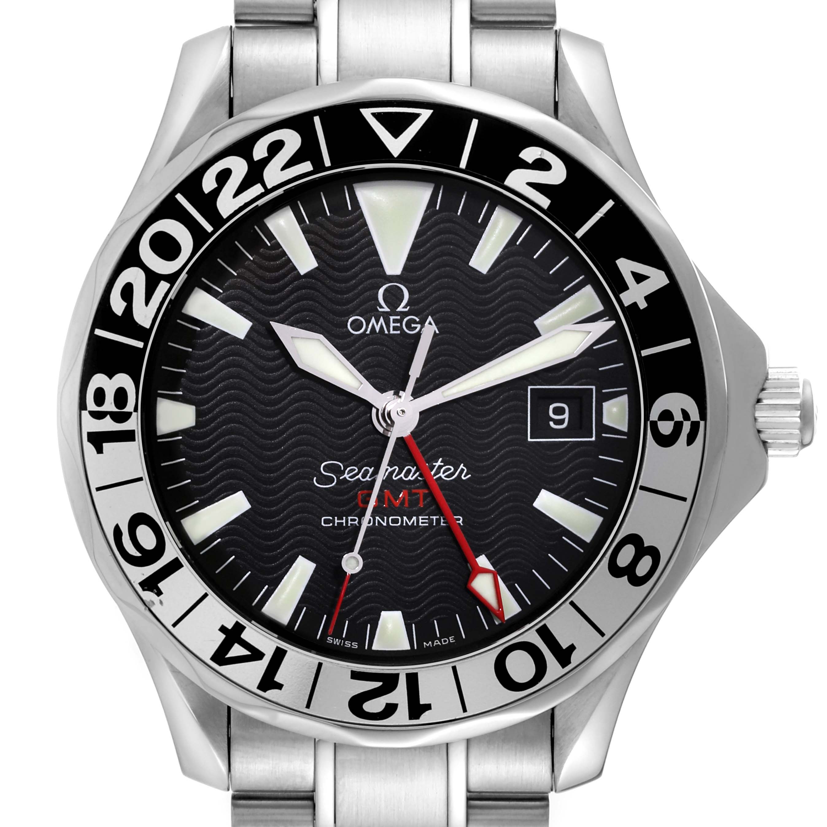 The image shows a front view of an Omega Seamaster 2234.50.00 Men
s Stainless Steel Black Dial 2234.50.00 Men
s Stainless Steel Black Dial GMT watch, displaying its bezel, dial, and bracelet.