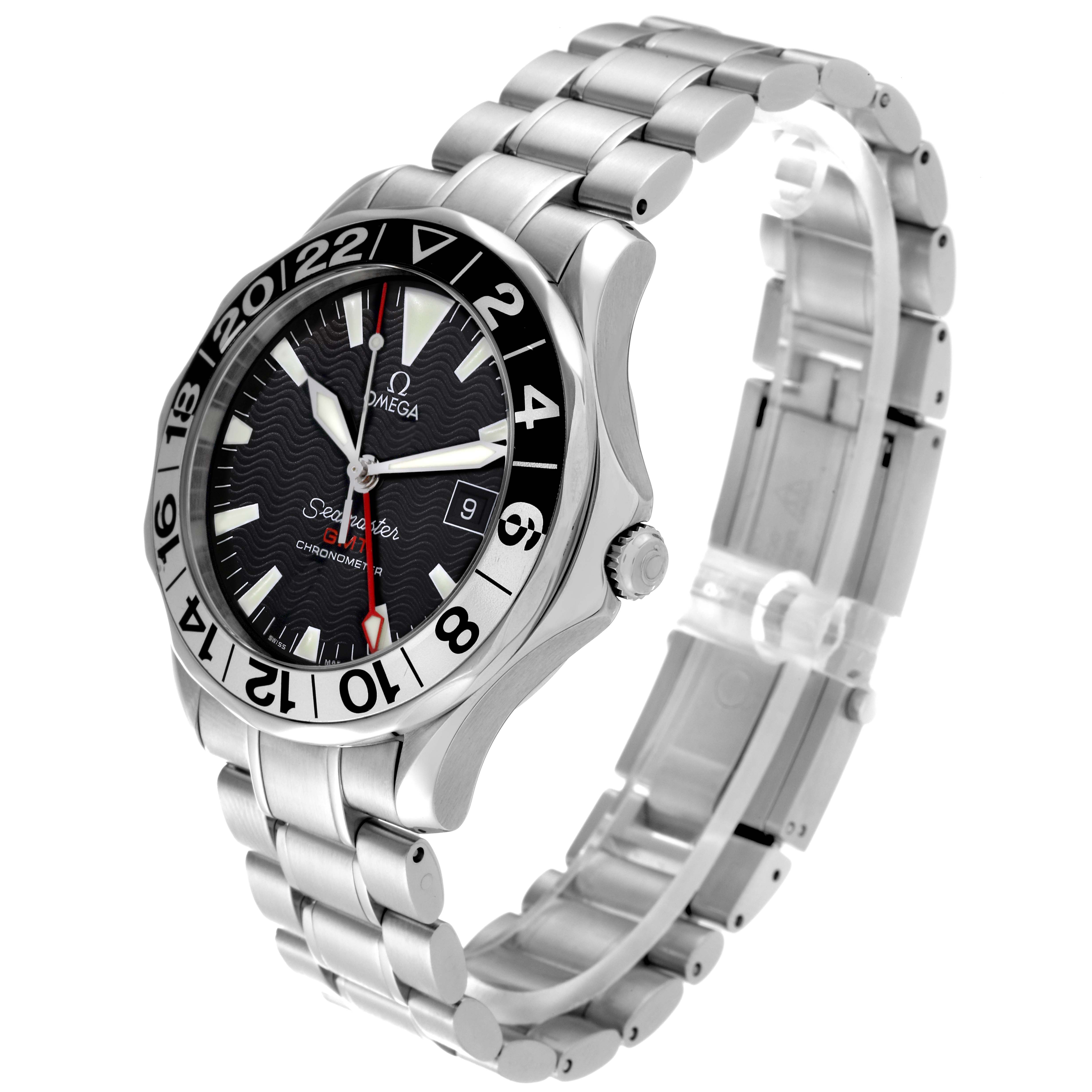 The image shows an Omega Seamaster 2234.50.00 Men
s Stainless Steel Black Dial 2234.50.00 Men
s Stainless Steel Black Dial watch from an angled side view, highlighting the face, bezel, and metal bracelet.