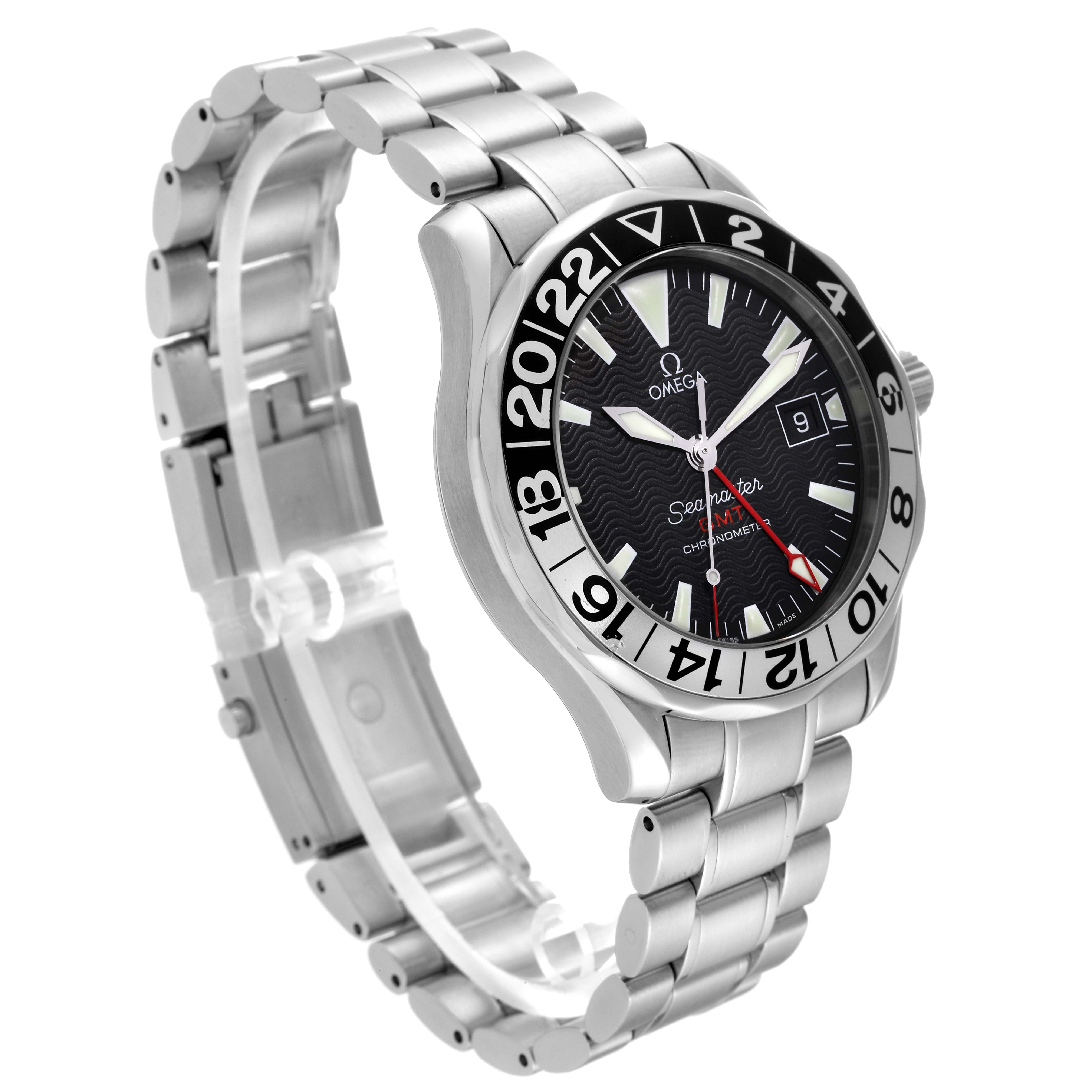 The Omega Seamaster 2234.50.00 Men
s Stainless Steel Black Dial 2234.50.00 Men
s Stainless Steel Black Dial watch is shown at a three-quarter angle, highlighting the face, bezel, and metal bracelet.