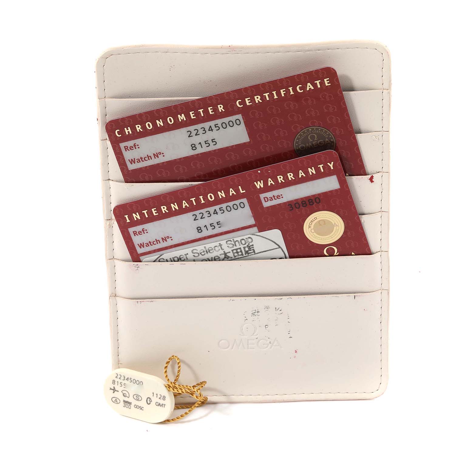 The image shows the international warranty and chronometer certificate cards for the Omega Seamaster 2234.50.00 Men
s Stainless Steel Black Dial 2234.50.00 Men
s Stainless Steel Black Dial watch, along with a white Omega cardholder.