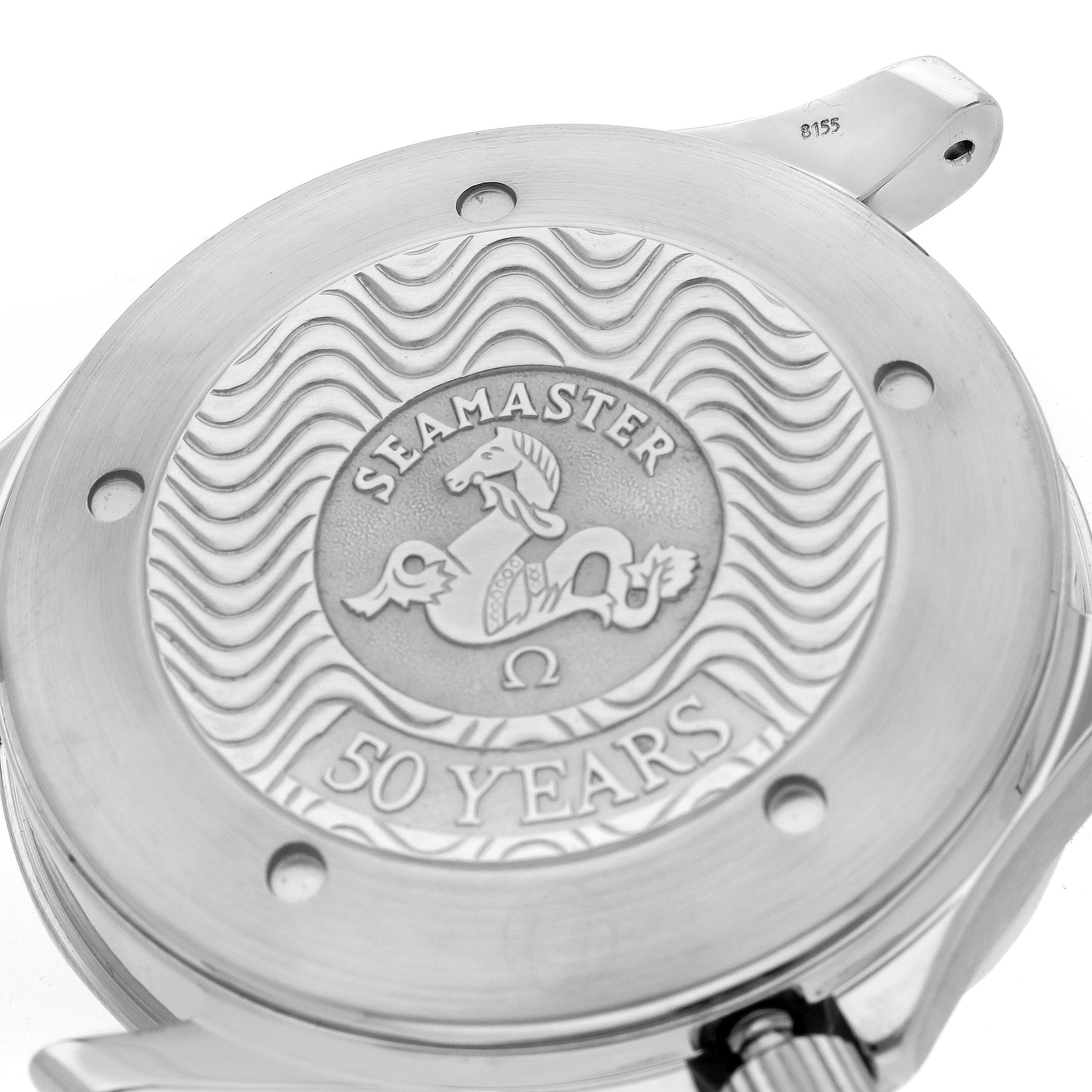 This image shows the back case of an Omega Seamaster 2234.50.00 Men
s Stainless Steel Black Dial 2234.50.00 Men
s Stainless Steel Black Dial watch, featuring an engraved "50 Years" design and seahorse emblem.
