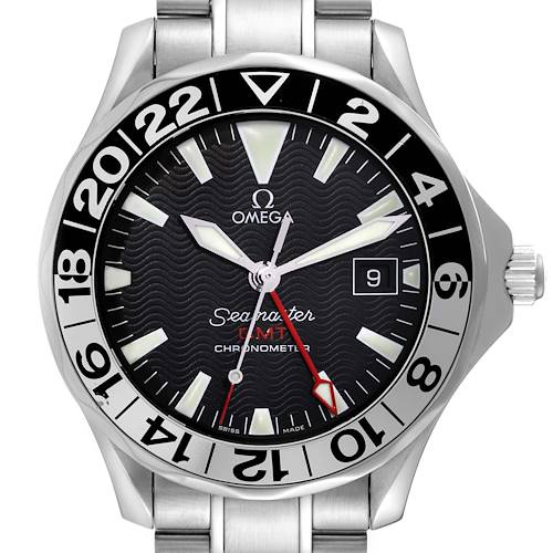 This image shows the front view of an Omega Seamaster GMT watch, highlighting the dial, bezel, date window, and part of the bracelet.