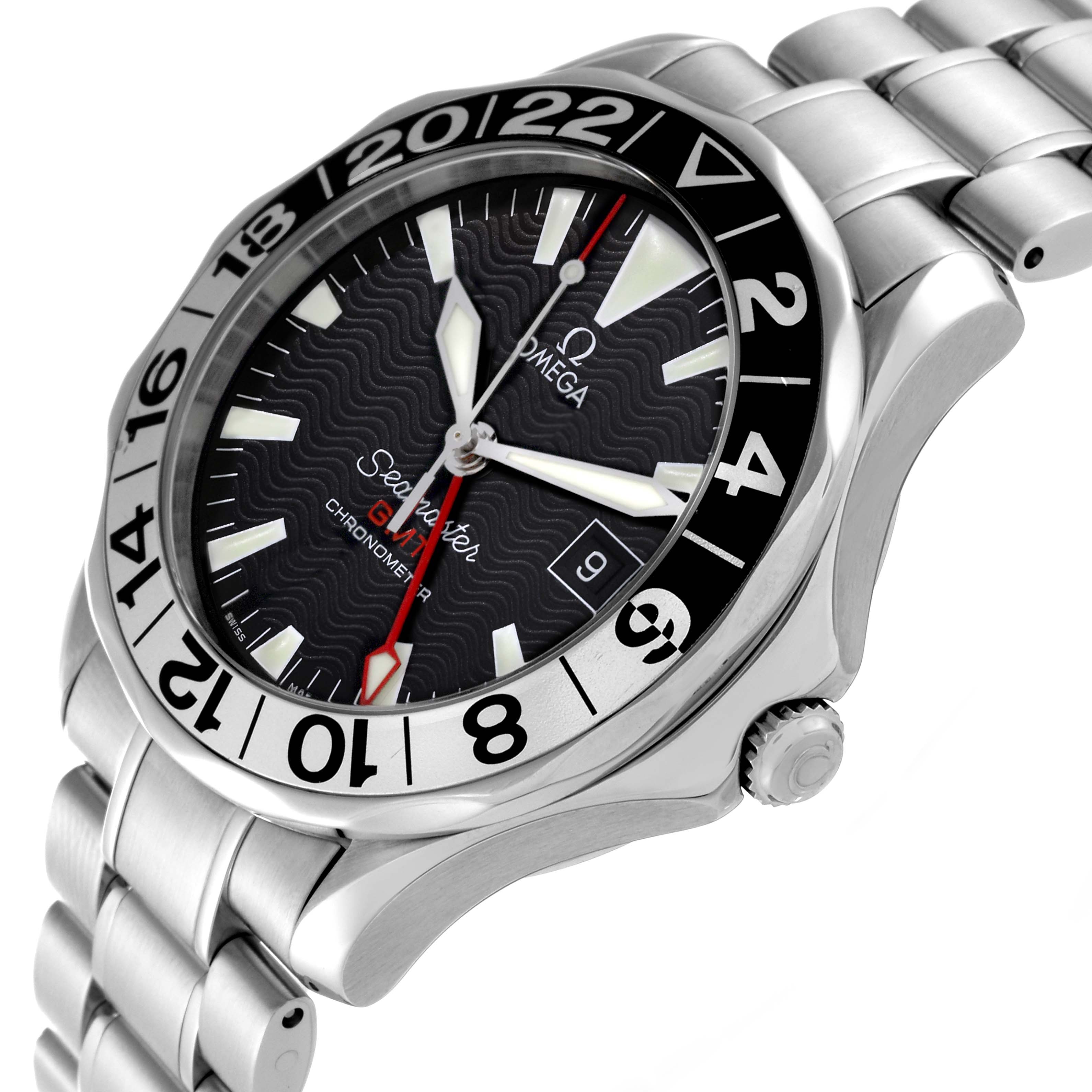 The image shows an angled view of the Omega Seamaster 2234.50.00 Men
s Stainless Steel Black Dial 2234.50.00 Men
s Stainless Steel Black Dial watch, highlighting its dial, bezel, crown, and part of its metal bracelet.