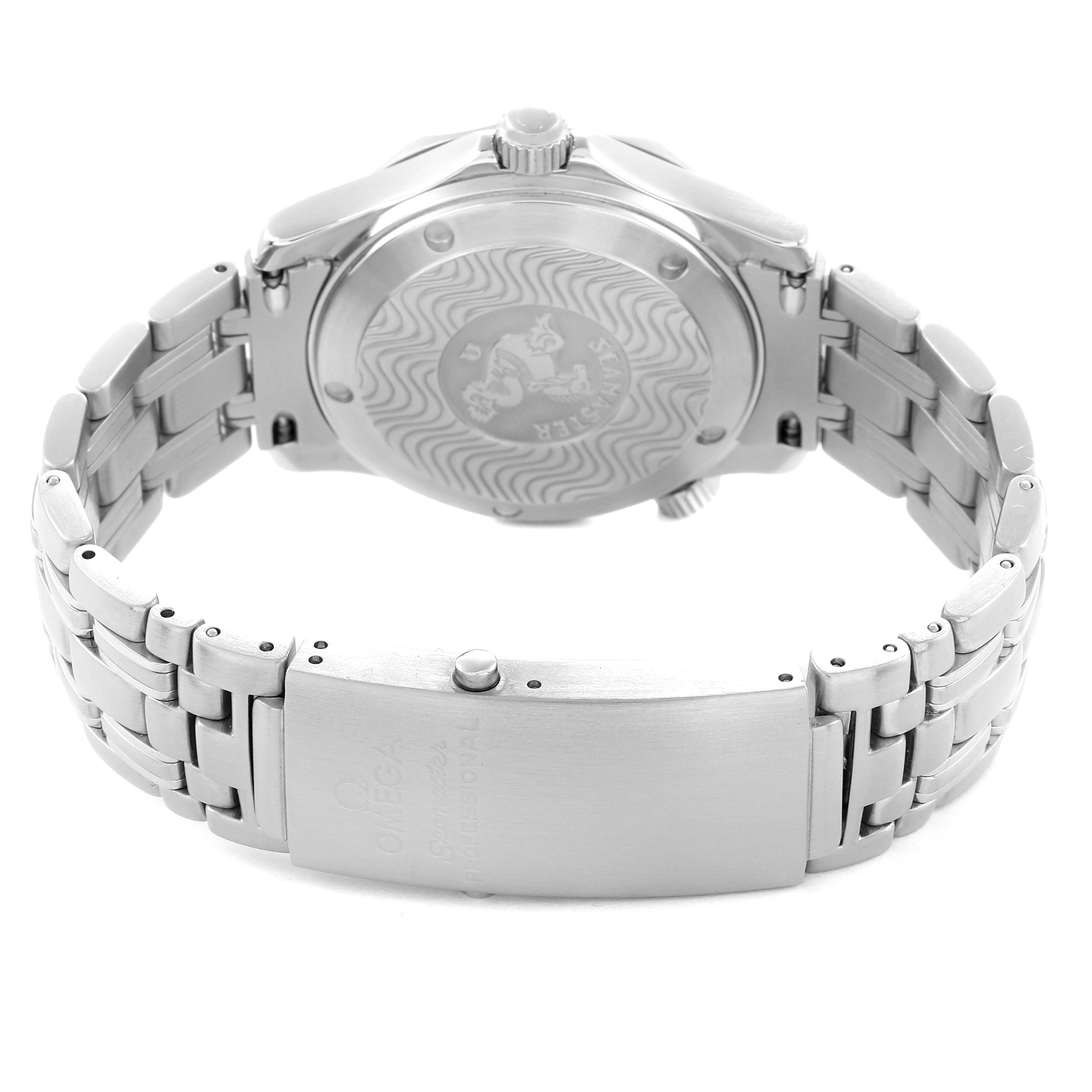 The image shows the back view of an Omega Seamaster 2551.80.00 Men
s Stainless Steel Blue Dial watch, highlighting the case back, bracelet, and clasp.