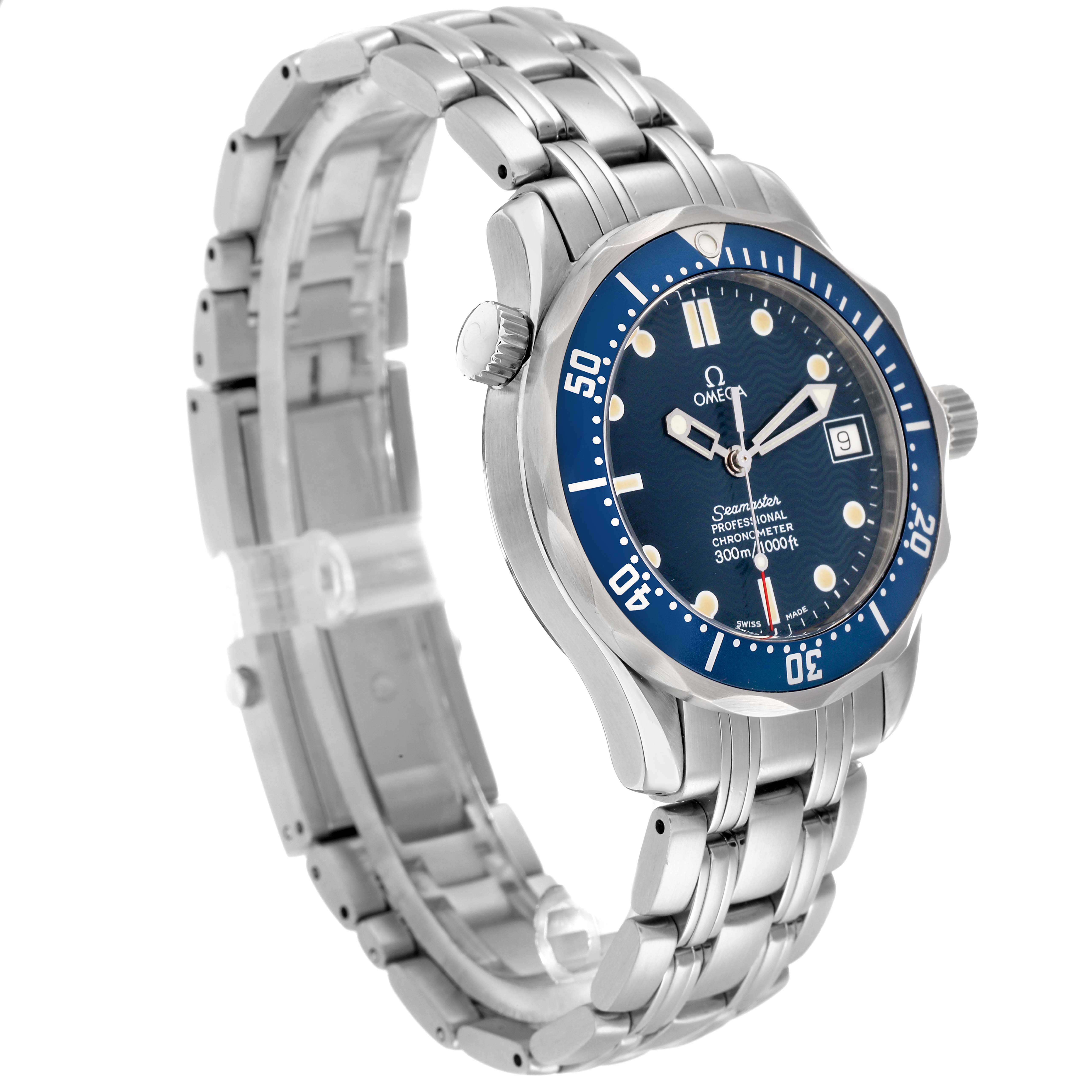 The Omega Seamaster 2551.80.00 Men
s Stainless Steel Blue Dial watch is shown from a three-quarter angle, highlighting the blue dial, bezel, and stainless steel bracelet.