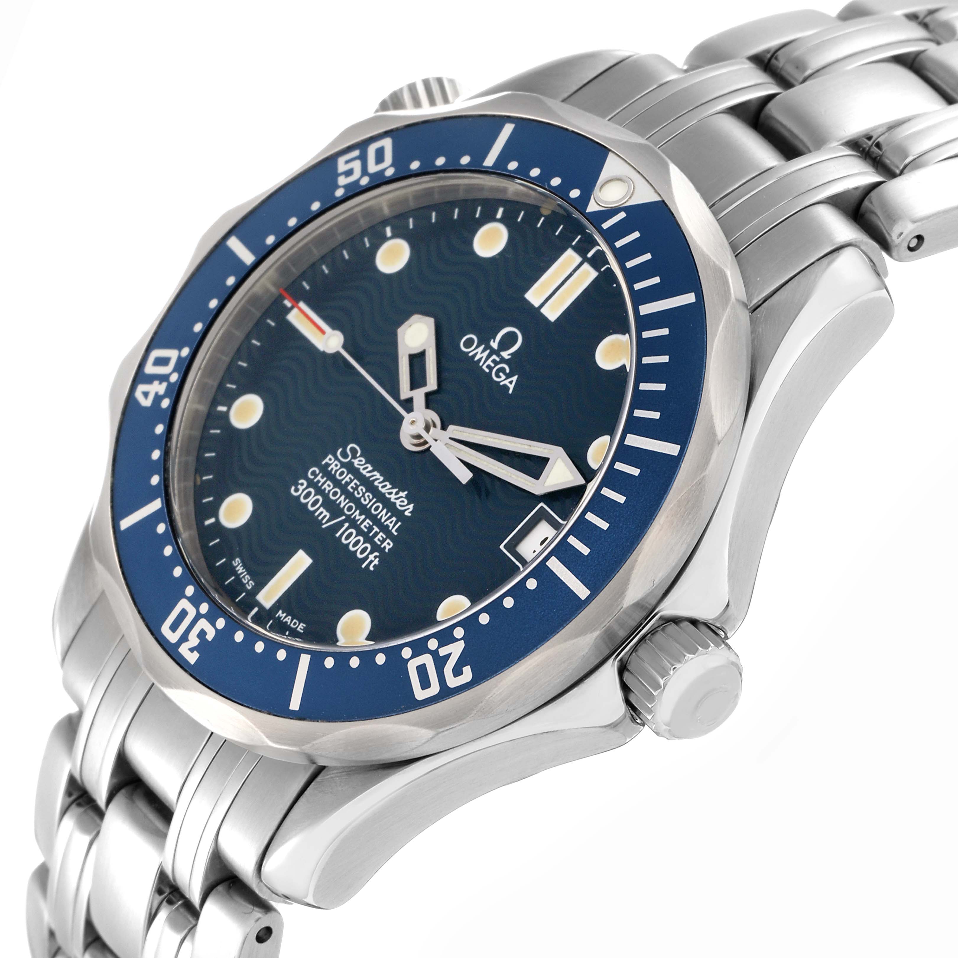 The Omega Seamaster 2551.80.00 Men
s Stainless Steel Blue Dial watch is shown at a slight angle, displaying its blue dial, bezel, crown, and stainless steel bracelet.