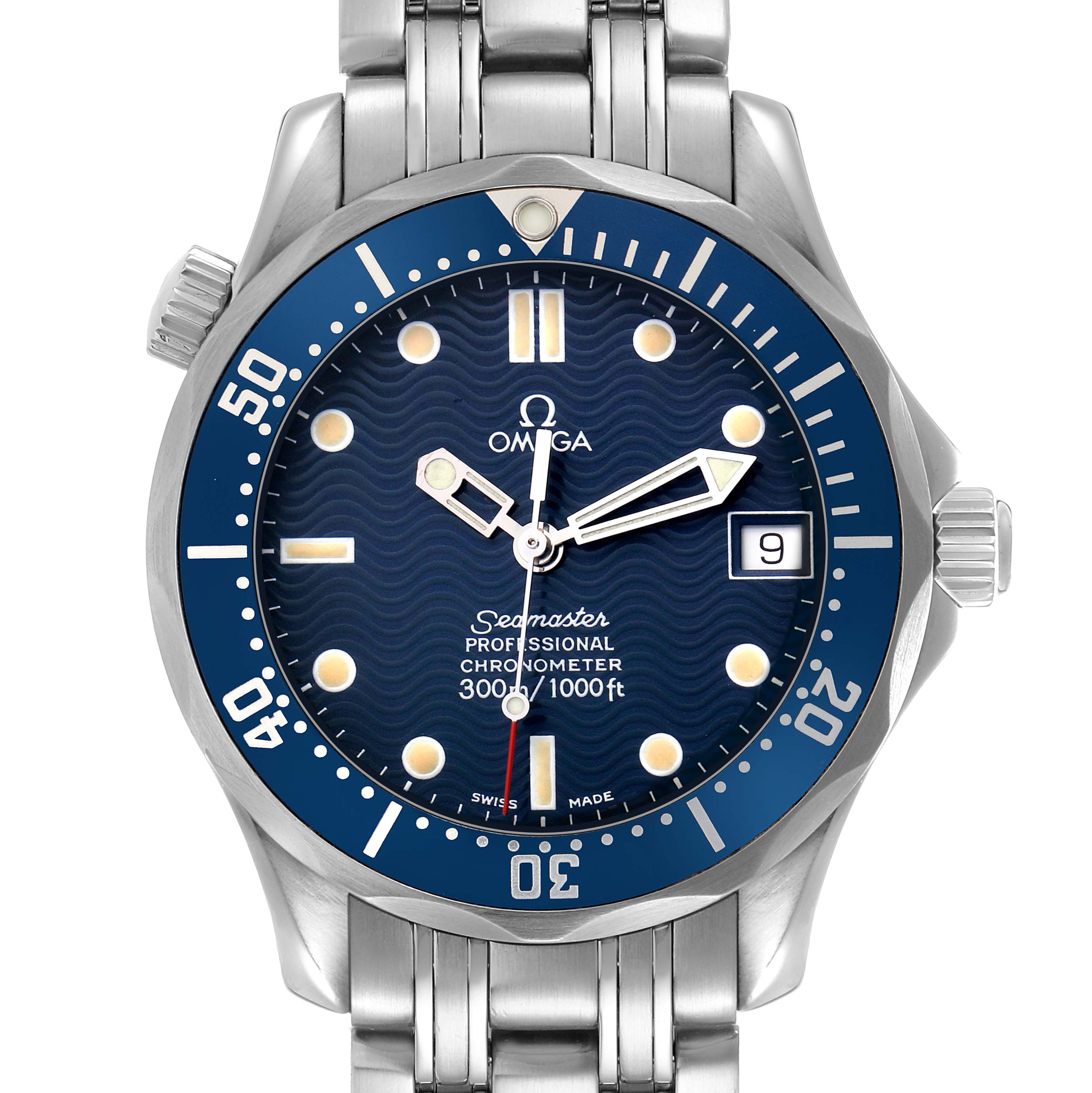 The Omega Seamaster 2551.80.00 Men
s Stainless Steel Blue Dial watch is shown from a front angle, displaying the dial, bezel, crown, and bracelet.