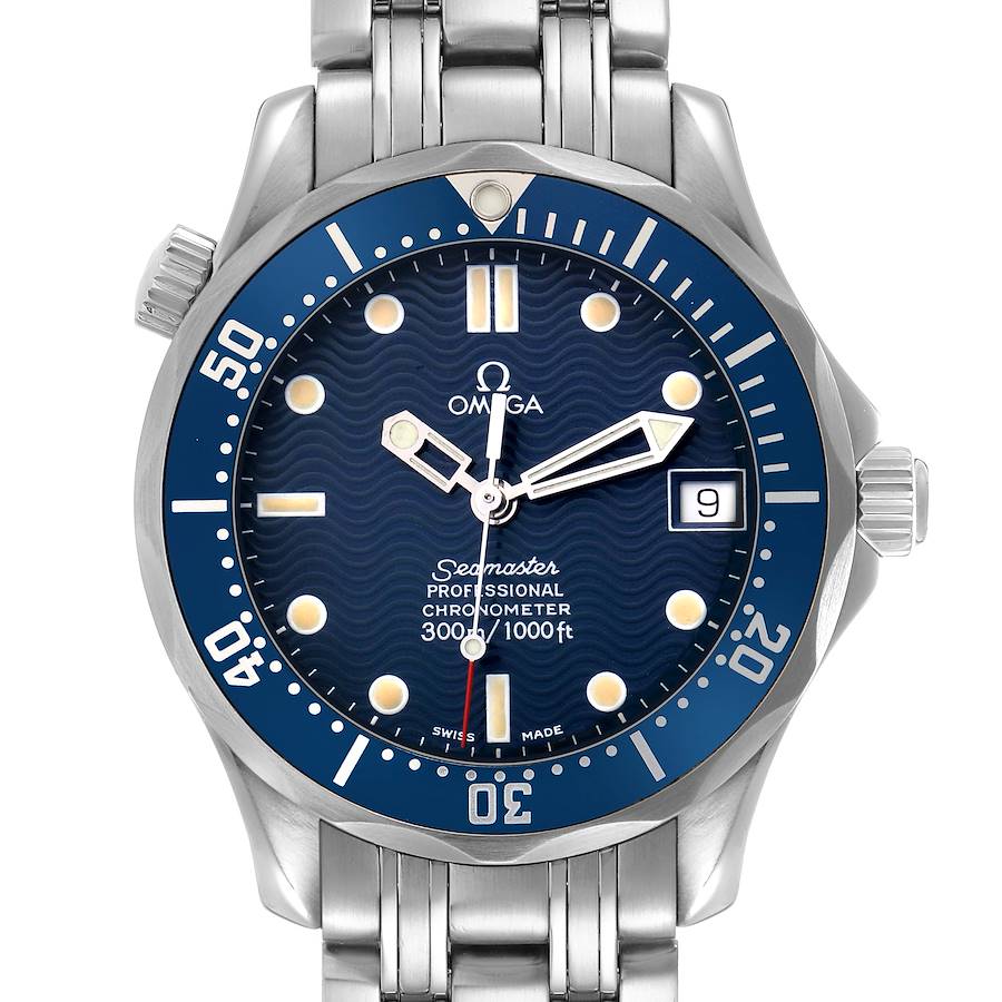 The Omega Seamaster model 2551.80.00 is shown from the front, displaying its blue dial, date window, and bezel, with part of the metal bracelet visible.