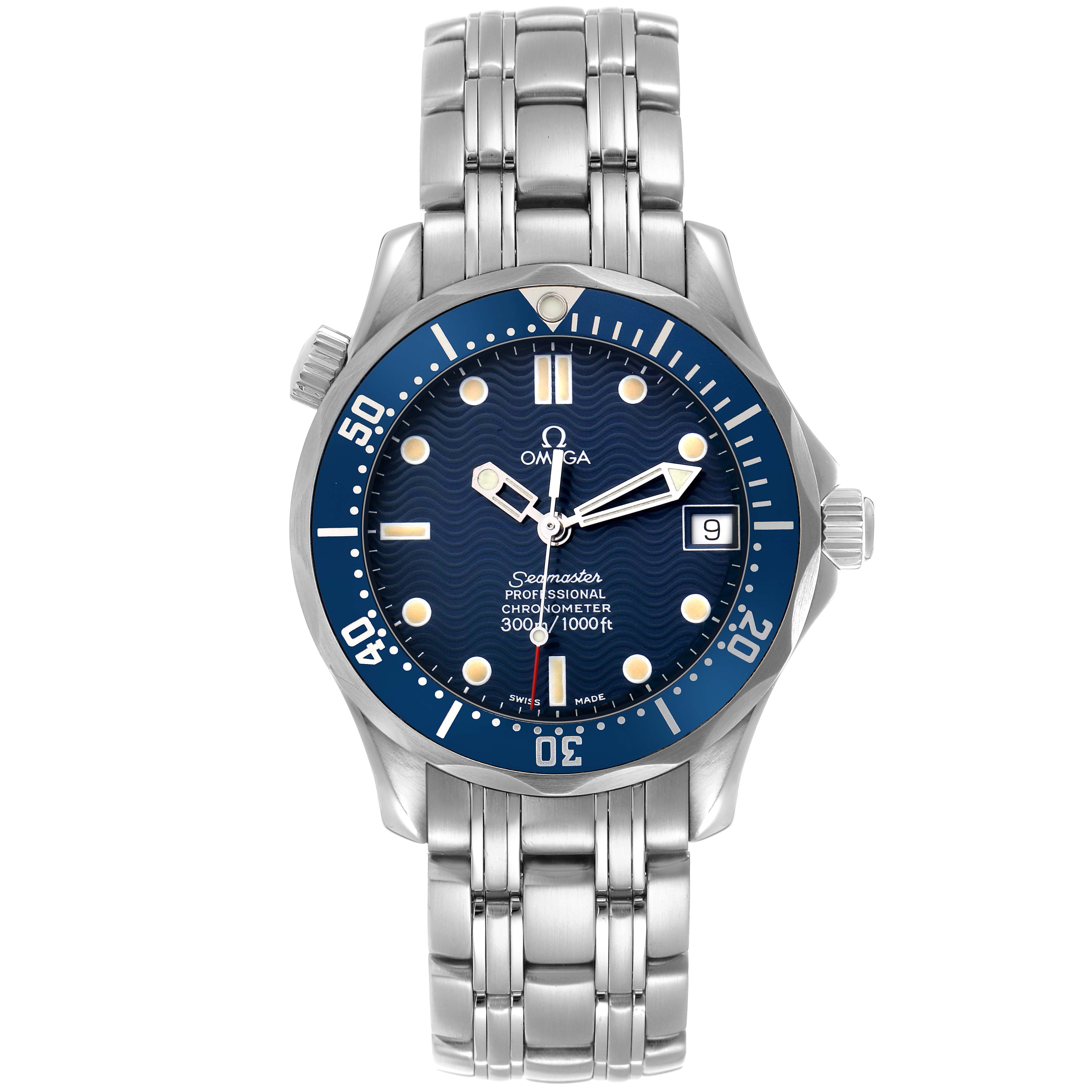 The Omega Seamaster 2551.80.00 Men
s Stainless Steel Blue Dial watch is shown from the front, displaying the dial, bezel, hands, and part of the bracelet.