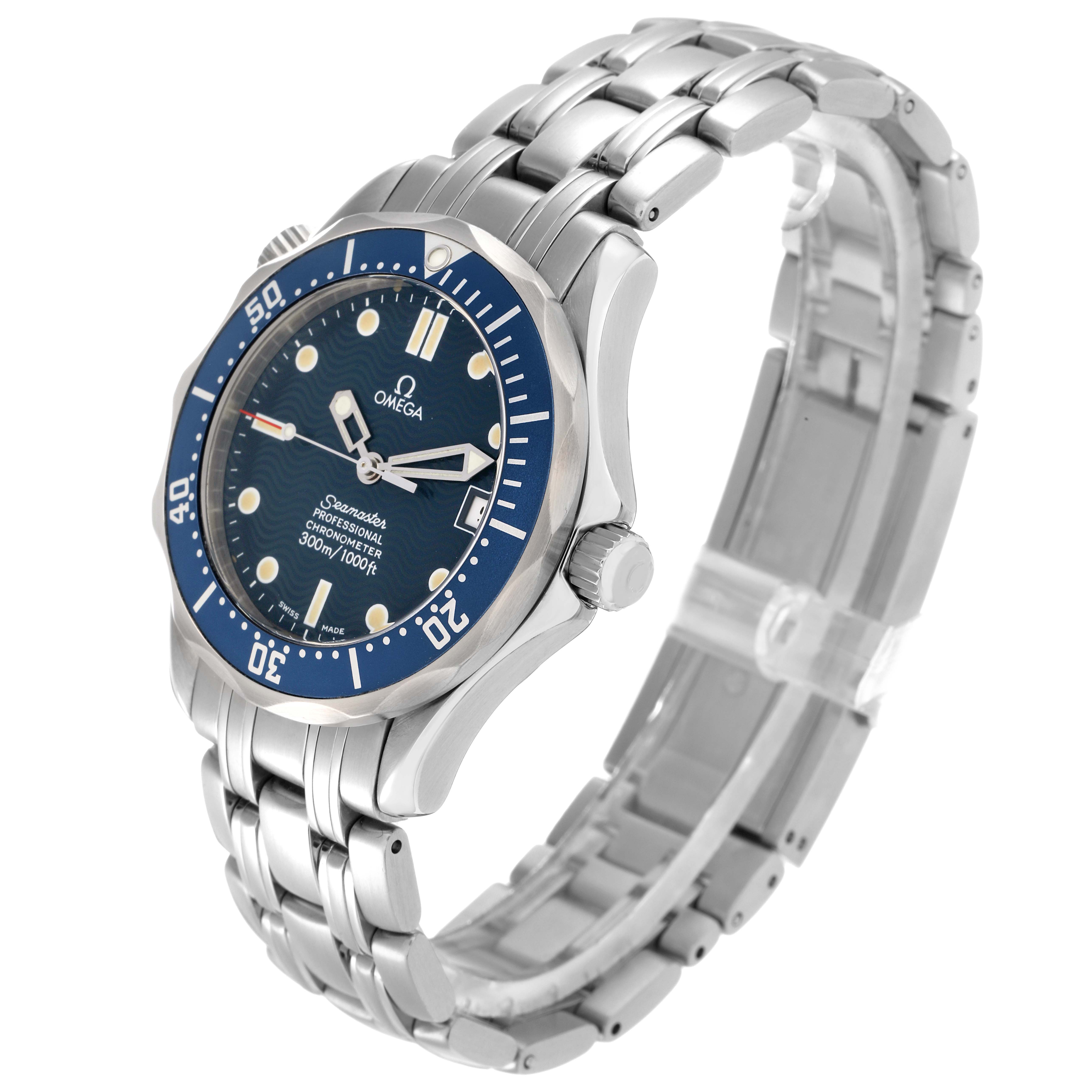 The Omega Seamaster 2551.80.00 Men
s Stainless Steel Blue Dial watch is shown at a three-quarter angle, displaying its blue dial, bezel, and stainless steel bracelet.