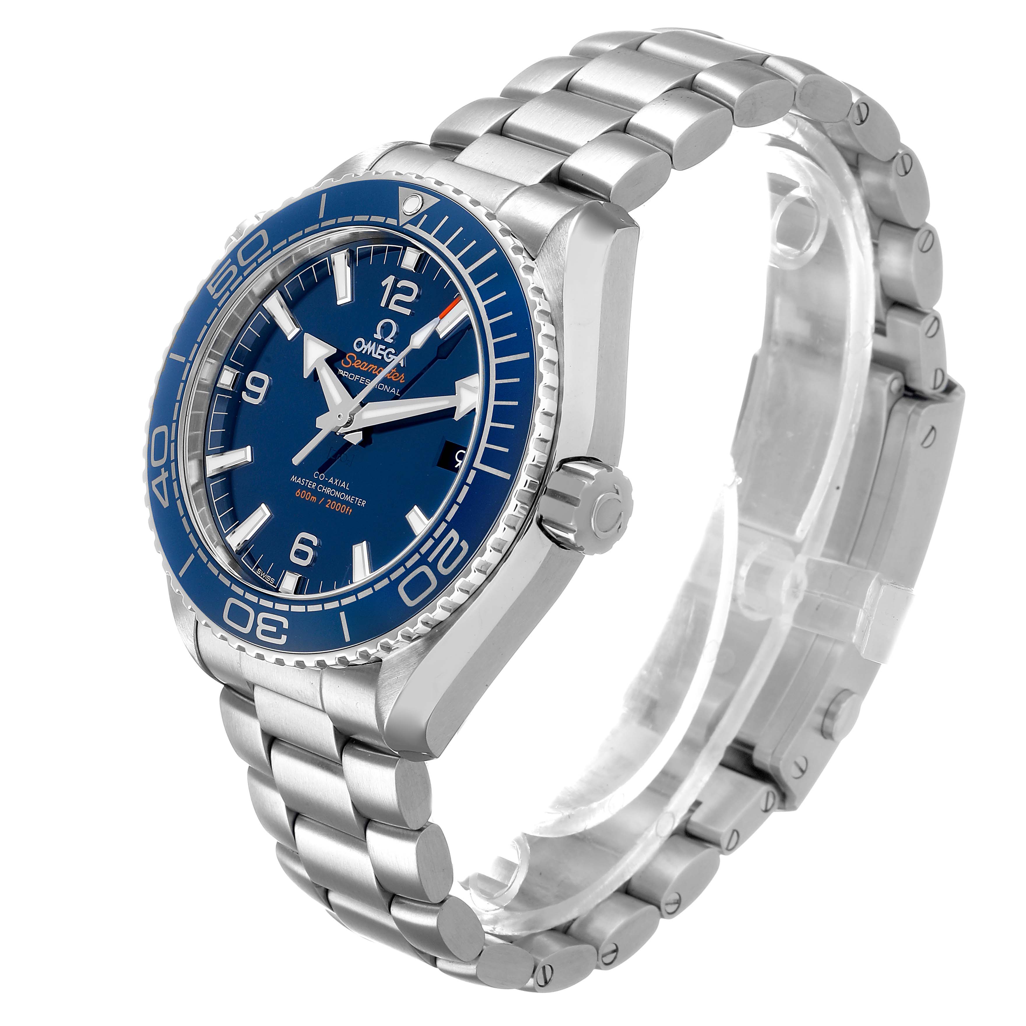 The Omega Planet Ocean 215.30.44.21.03.001 Men's Stainless Steel Blue Dial watch is shown at a three-quarter angle, highlighting the bezel, dial, and bracelet.