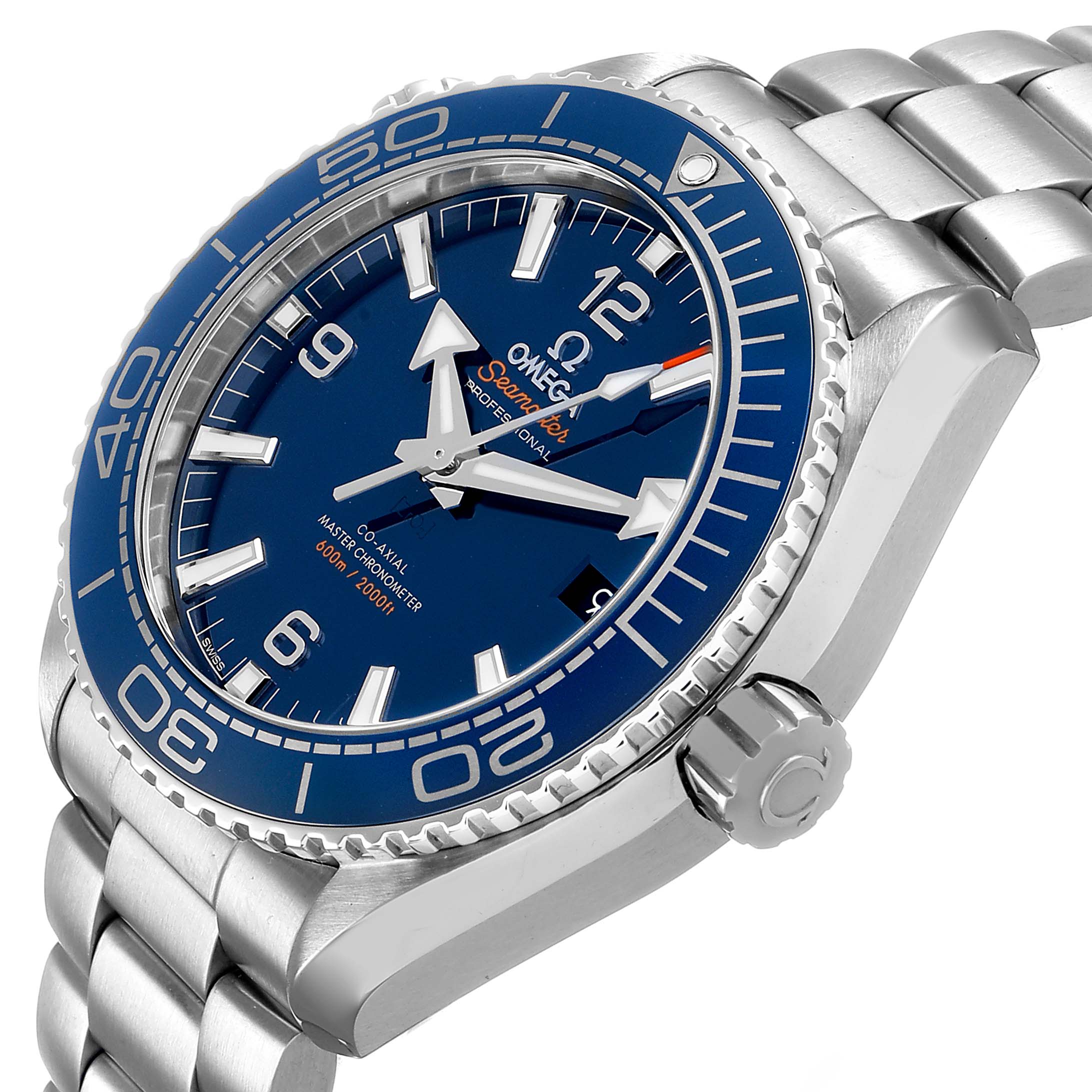 The Omega Planet Ocean 215.30.44.21.03.001 Men's Stainless Steel Blue Dial watch is shown at an angled side view, displaying the face, bezel, crown, and part of the bracelet.