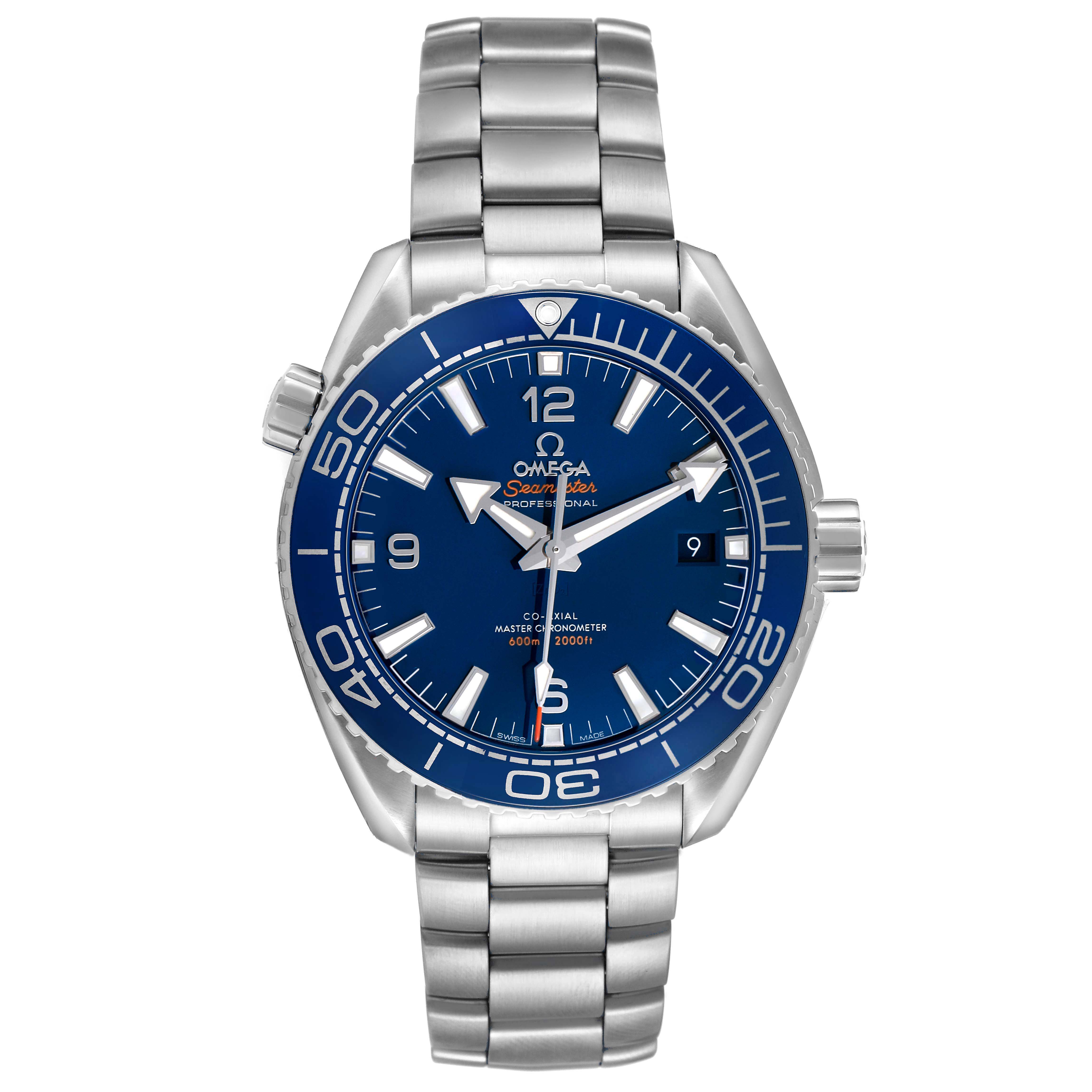 The Omega Planet Ocean 215.30.44.21.03.001 Men's Stainless Steel Blue Dial watch is shown from a front angle, displaying the face, bezel, crown, and stainless steel bracelet.