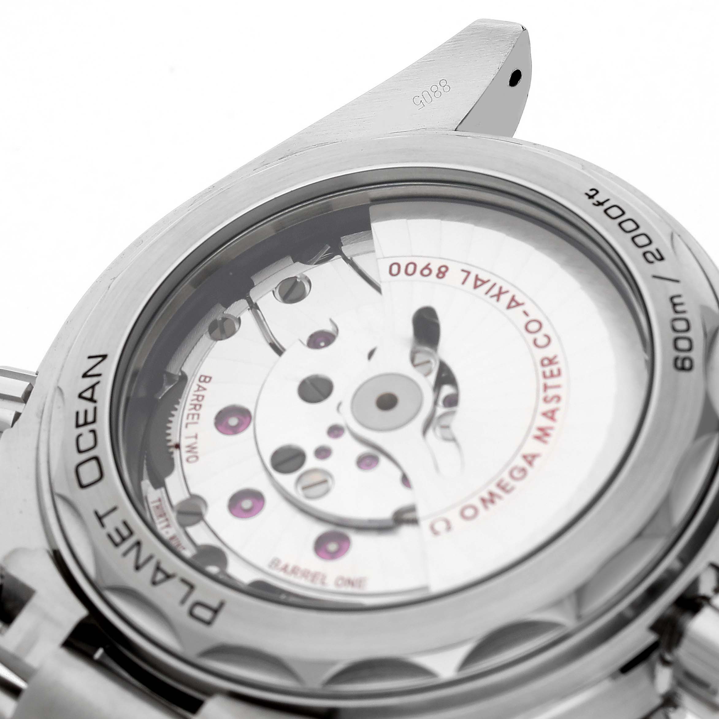 The image shows the back view of the Omega Planet Ocean 215.30.44.21.03.001 Men's Stainless Steel Blue Dial watch, highlighting its movement and caseback details.