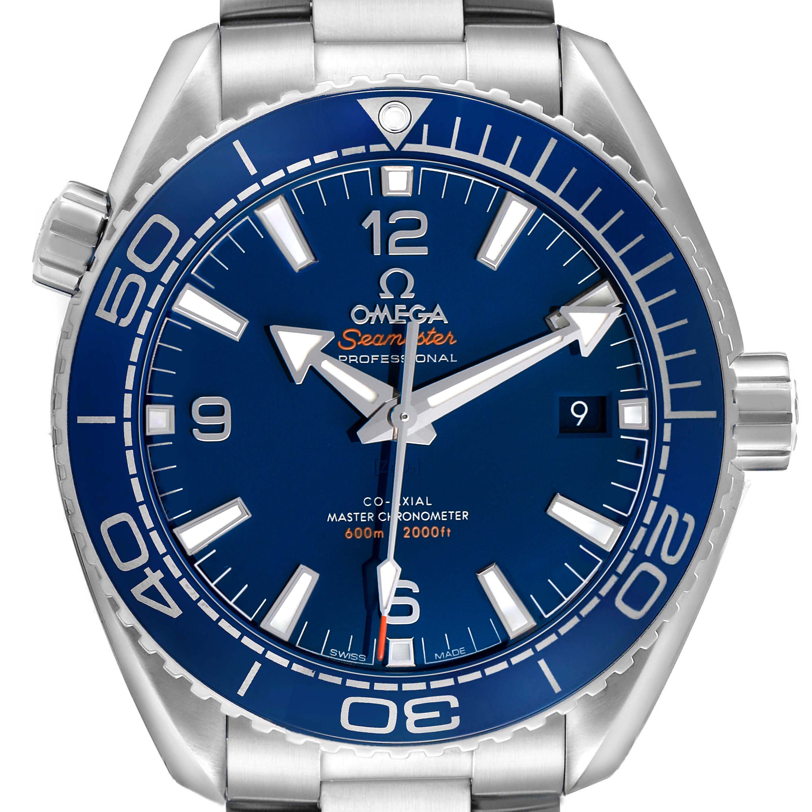 The Omega Planet Ocean 215.30.44.21.03.001 Men's Stainless Steel Blue Dial watch is shown from a front view, displaying the bezel, dial, hands, and date window.