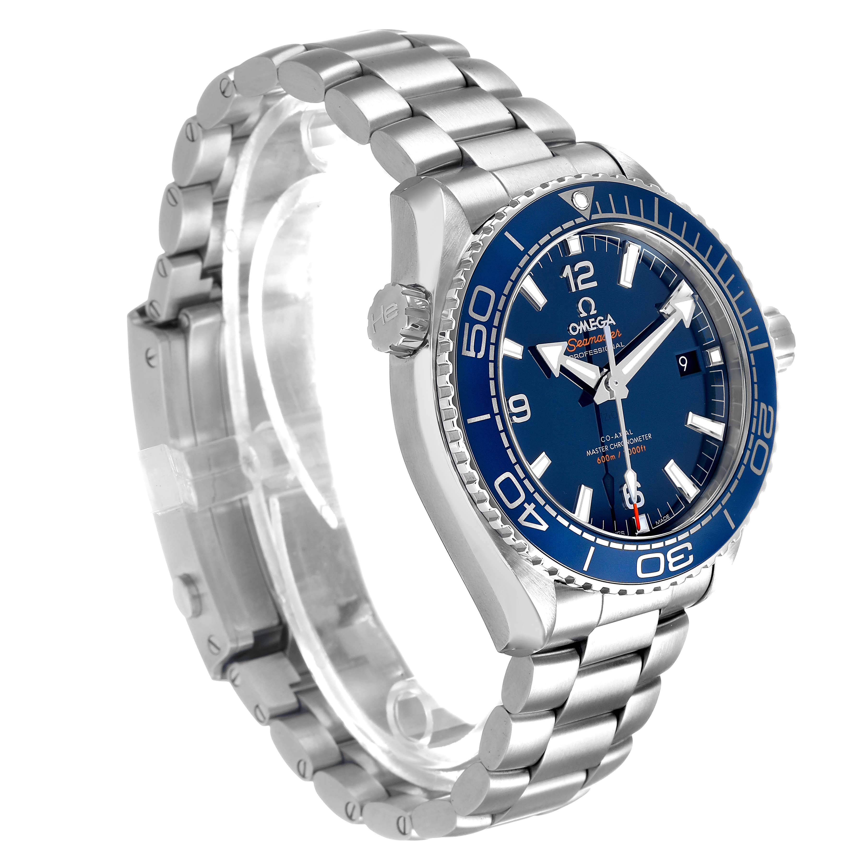 The Omega Planet Ocean 215.30.44.21.03.001 Men's Stainless Steel Blue Dial watch is shown at an angle highlighting the face, bezel, crown, and metal bracelet.