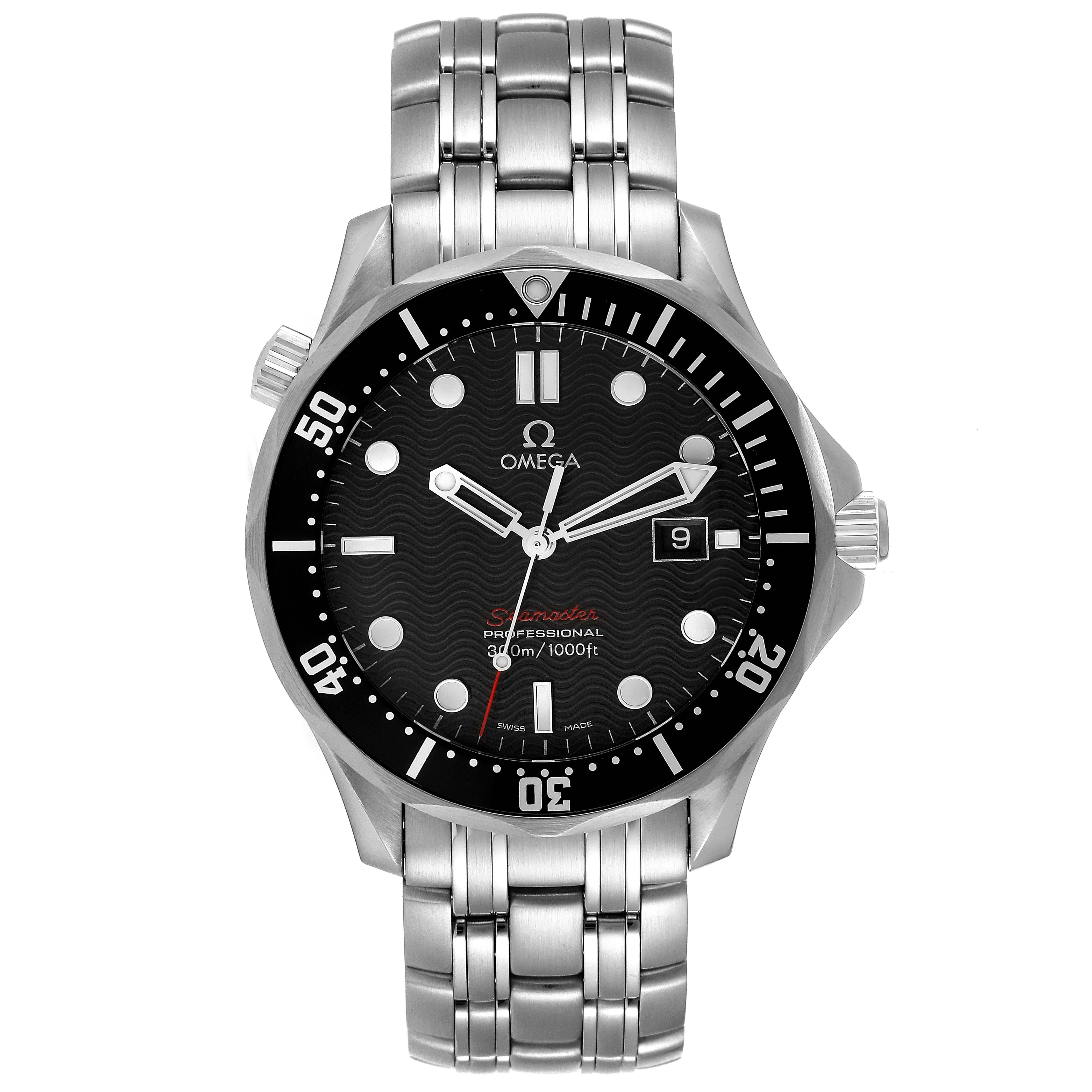 This image shows a frontal view of an Omega Seamaster 212.30.41.61.01.001 Men's Stainless Steel Black Dial 212.30.41.61.01.001 Men's Stainless Steel Black Dial watch, displaying the dial, bezel, crown, and stainless steel bracelet.