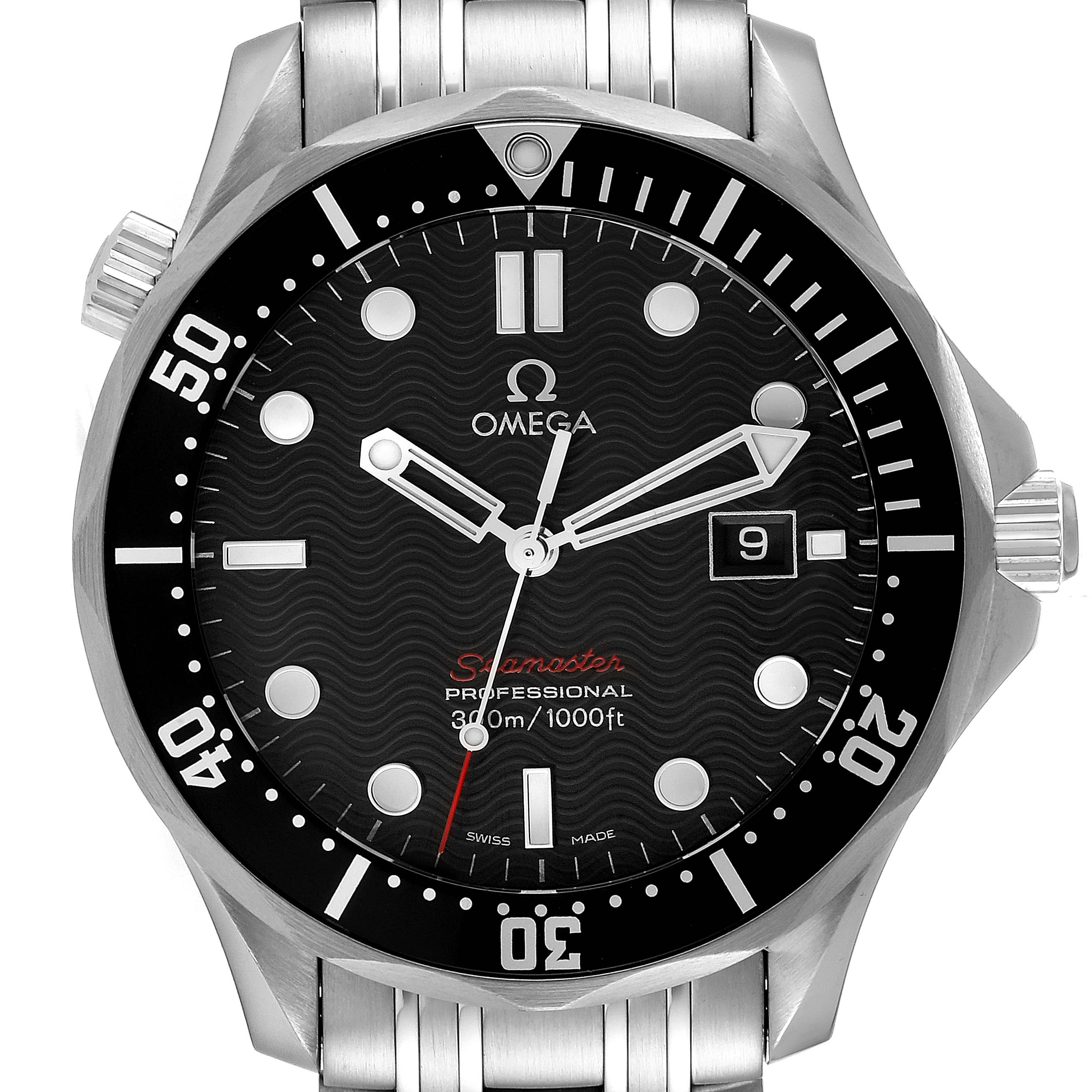 The image shows the face of an Omega Seamaster 212.30.41.61.01.001 Men's Stainless Steel Black Dial 212.30.41.61.01.001 Men's Stainless Steel Black Dial watch, highlighting the dial, hands, bezel, and date window.