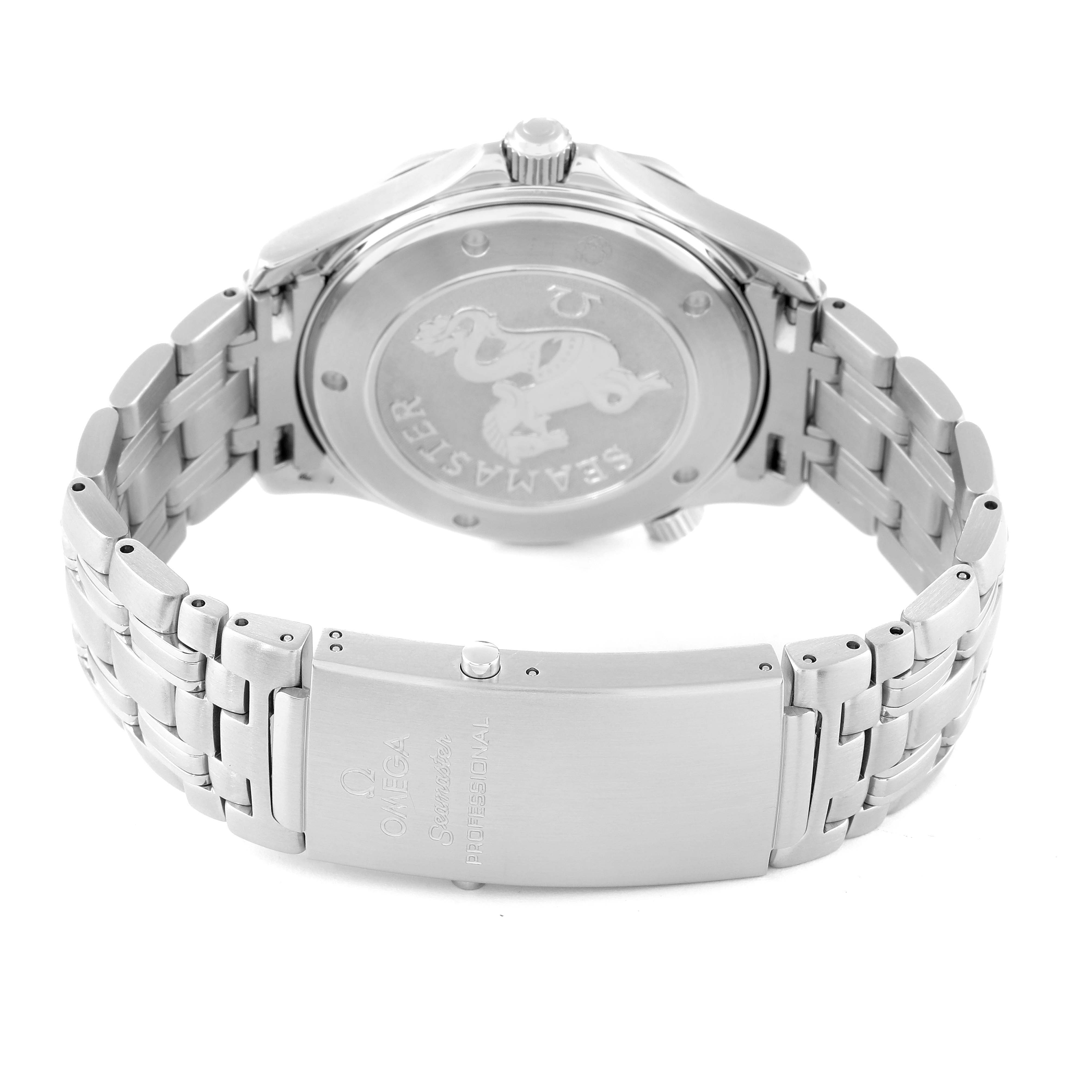 The image shows the back and bracelet of the Omega Seamaster 212.30.41.61.01.001 Men's Stainless Steel Black Dial 212.30.41.61.01.001 Men's Stainless Steel Black Dial watch, highlighting the case back and clasp.