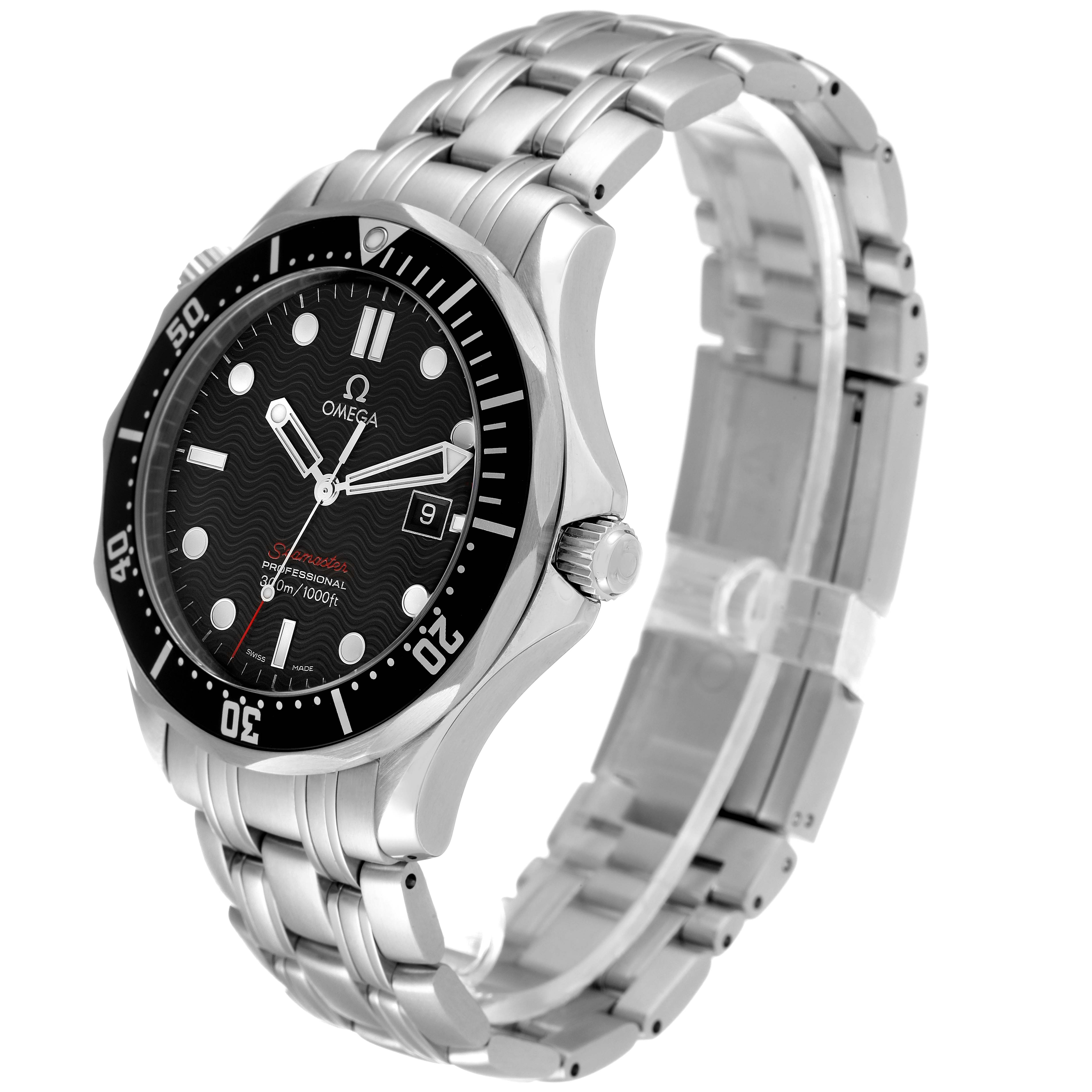 The Omega Seamaster 212.30.41.61.01.001 Men's Stainless Steel Black Dial 212.30.41.61.01.001 Men's Stainless Steel Black Dial watch is shown at an angled side view, highlighting the face, bezel, crown, and stainless steel bracelet.