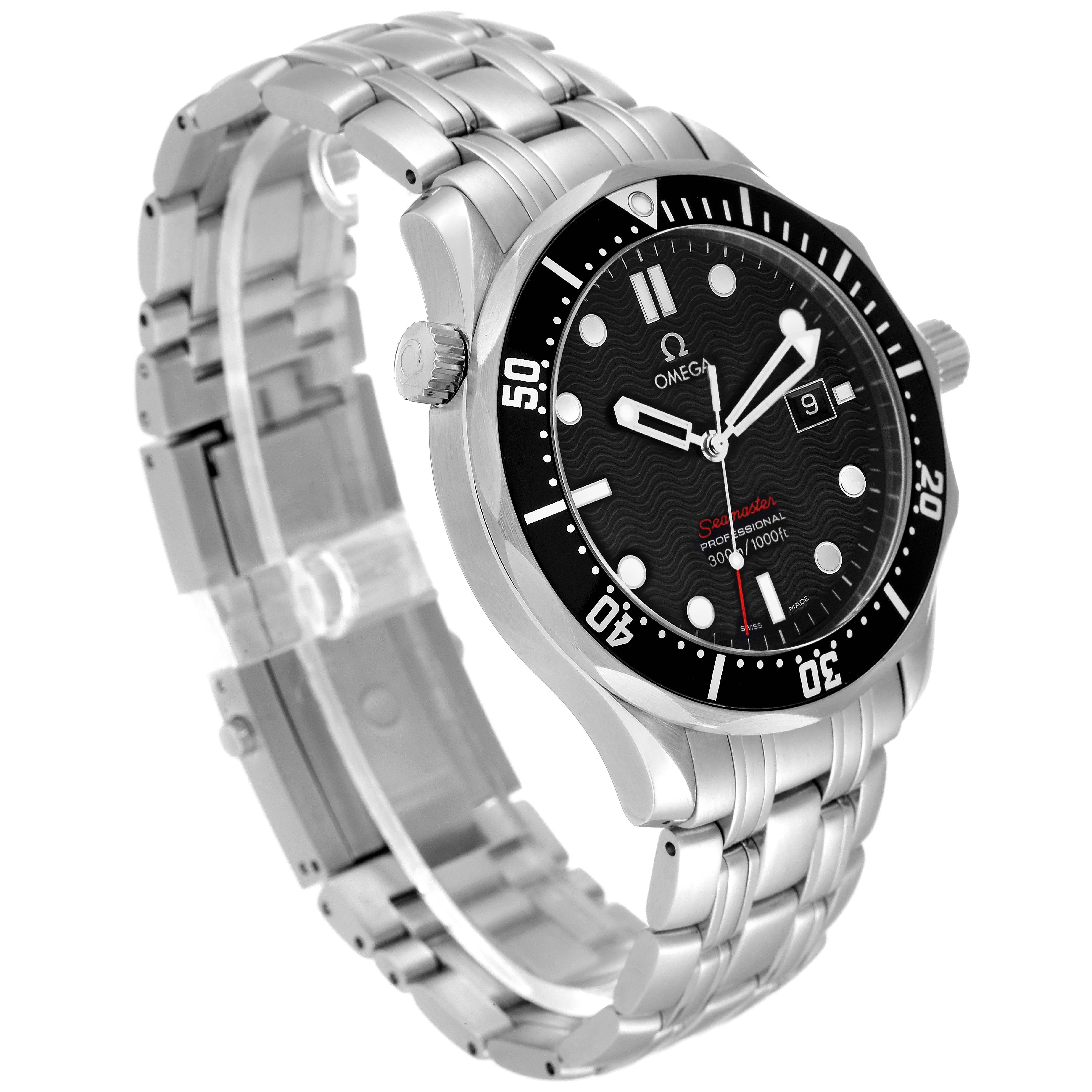 The Omega Seamaster 212.30.41.61.01.001 Men's Stainless Steel Black Dial 212.30.41.61.01.001 Men's Stainless Steel Black Dial watch is shown from a three-quarter angle, featuring the dial, bezel, and stainless steel bracelet.