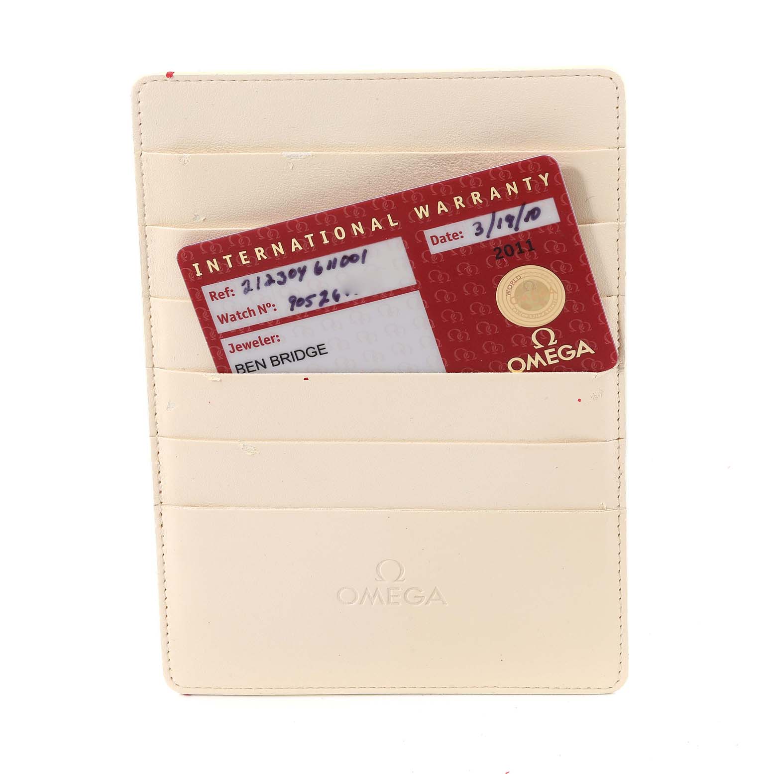 This image shows the international warranty card and holder for an Omega Seamaster 212.30.41.61.01.001 Men's Stainless Steel Black Dial 212.30.41.61.01.001 Men's Stainless Steel Black Dial watch.