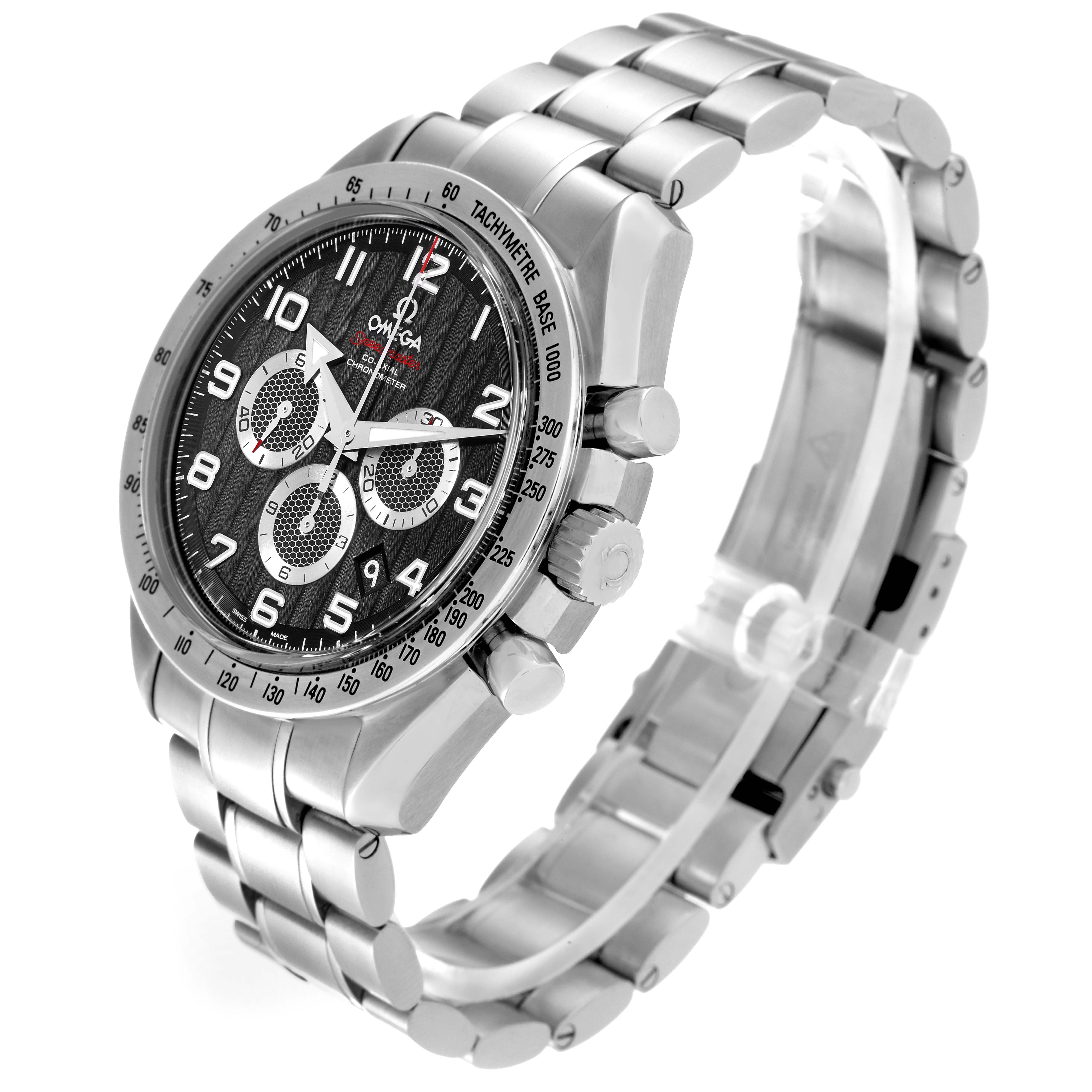 This Omega Speedmaster 321.10.44.50.01.001 Men
s Stainless Steel Black Dial 321.10.44.50.01.001 Men
s Stainless Steel Black Dial watch is shown at a three-quarter angle, highlighting its dial, bezel, crown, and stainless steel bracelet.