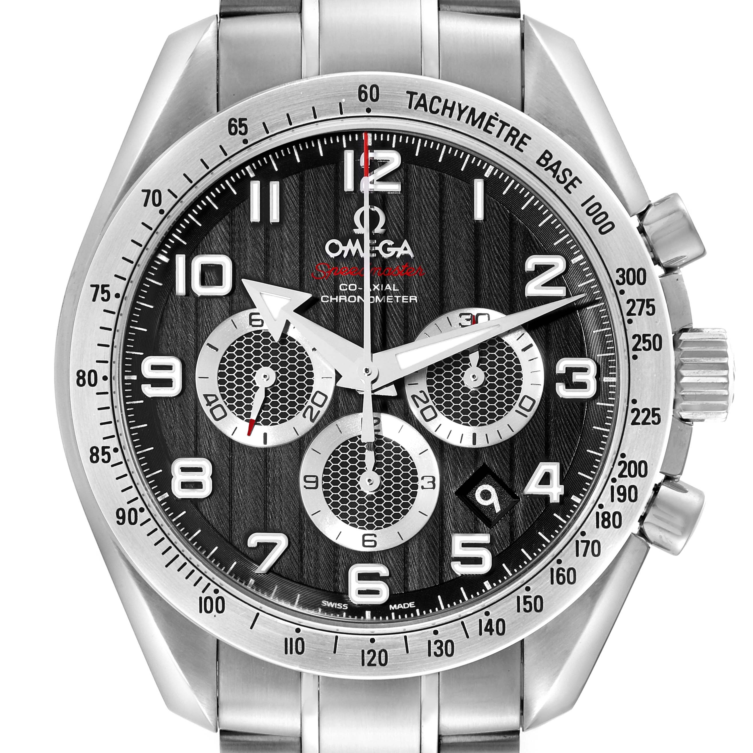 The image shows a front view of an Omega Speedmaster 321.10.44.50.01.001 Men
s Stainless Steel Black Dial 321.10.44.50.01.001 Men
s Stainless Steel Black Dial watch, highlighting its dial, chronograph sub-dials, and tachymeter bezel.