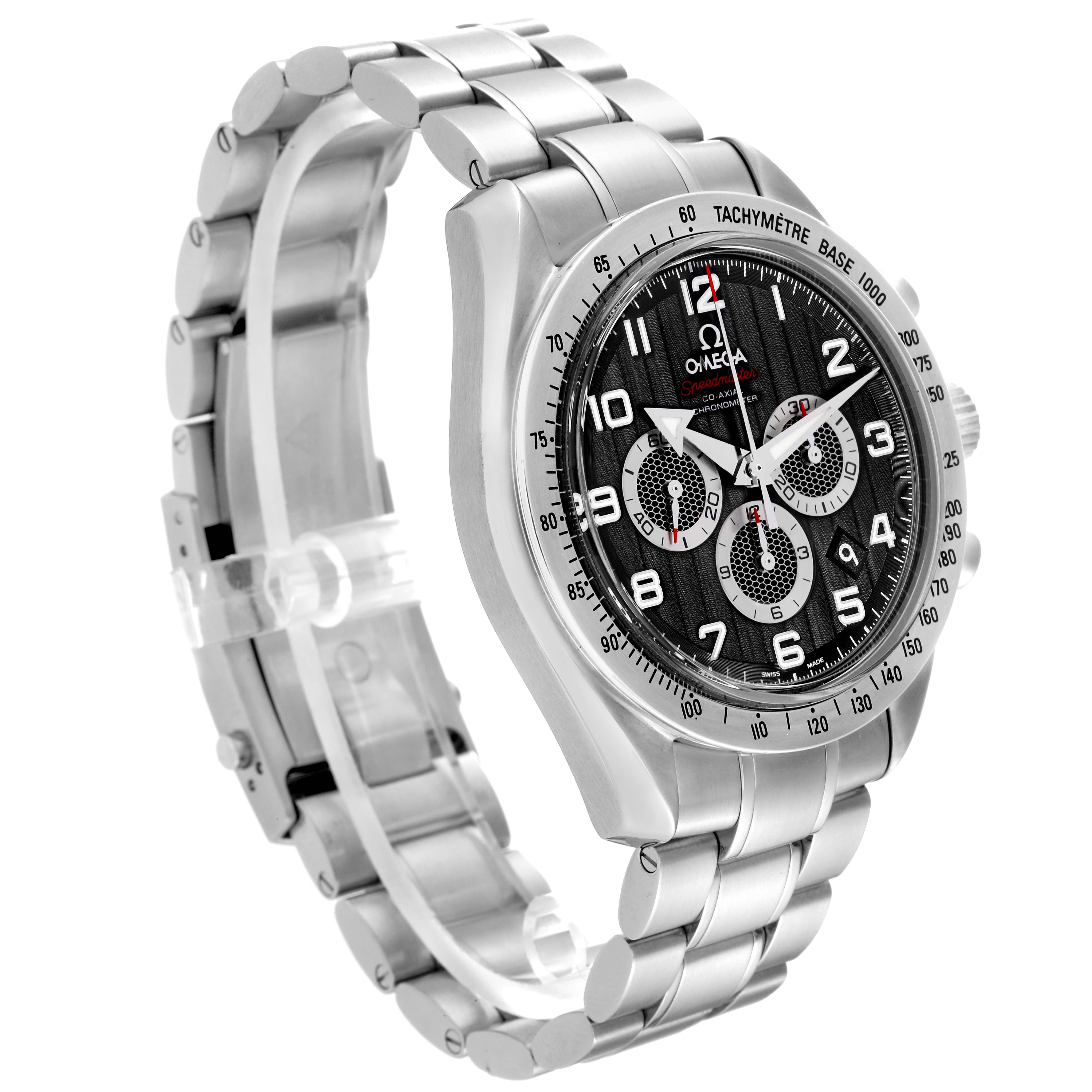 The Omega Speedmaster 321.10.44.50.01.001 Men
s Stainless Steel Black Dial 321.10.44.50.01.001 Men
s Stainless Steel Black Dial is shown at an oblique angle, displaying its stainless steel bracelet, black dial, and chronograph subdials.