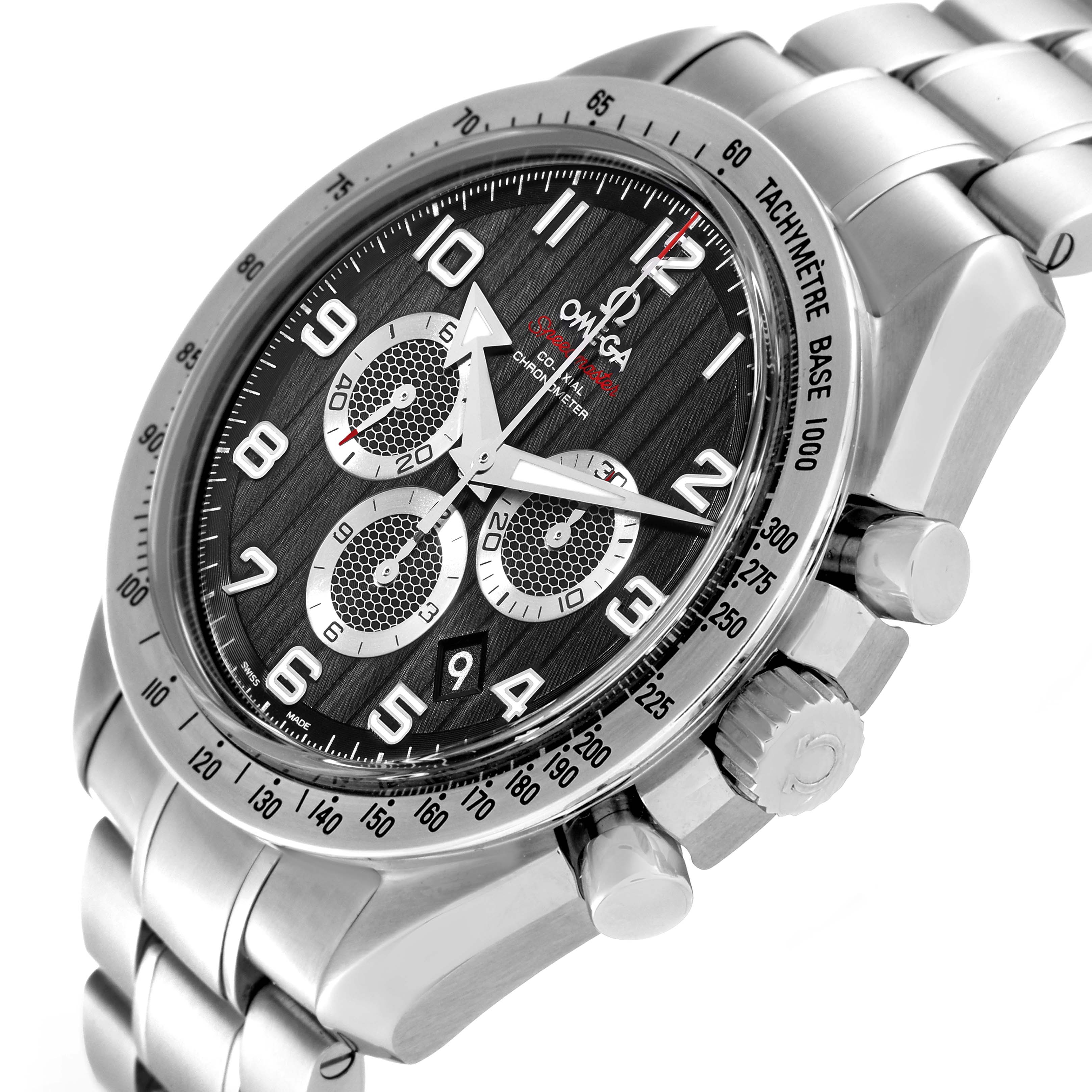 The Omega Speedmaster 321.10.44.50.01.001 Men
s Stainless Steel Black Dial 321.10.44.50.01.001 Men
s Stainless Steel Black Dial watch is shown at an angled view, highlighting the dial, bezel, pushers, and crown.