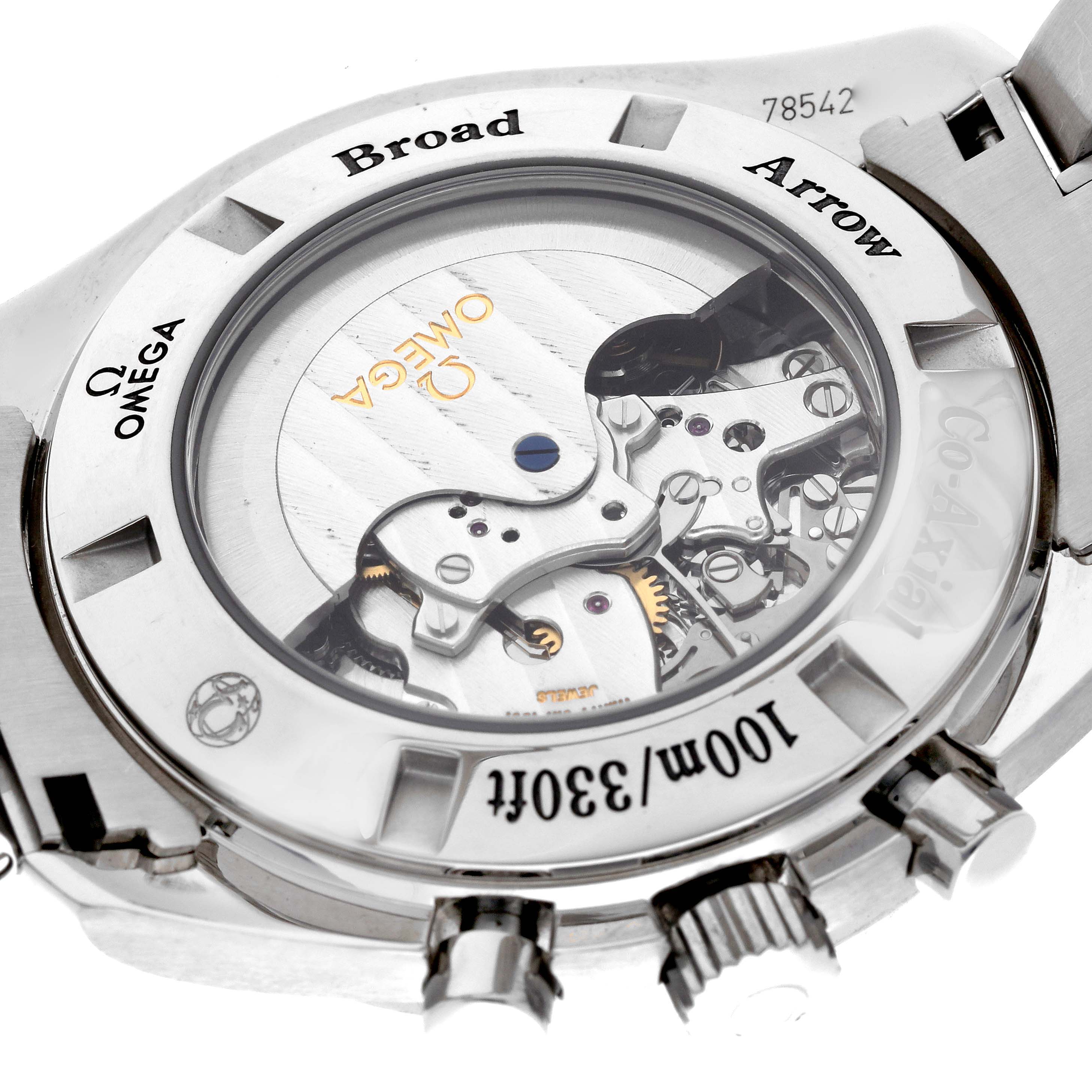 The image shows the back of an Omega Speedmaster 321.10.44.50.01.001 Men
s Stainless Steel Black Dial 321.10.44.50.01.001 Men
s Stainless Steel Black Dial, highlighting its transparent case back and inner mechanical components.