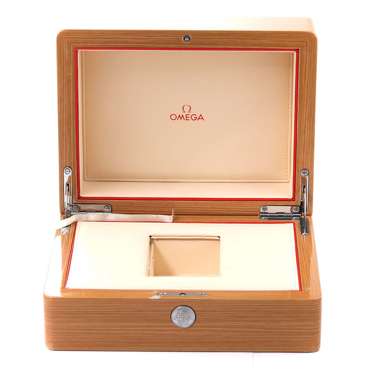 This image shows an open Omega Speedmaster 321.10.44.50.01.001 Men
s Stainless Steel Black Dial 321.10.44.50.01.001 Men
s Stainless Steel Black Dial watch box, with a beige and red interior and wood exterior.