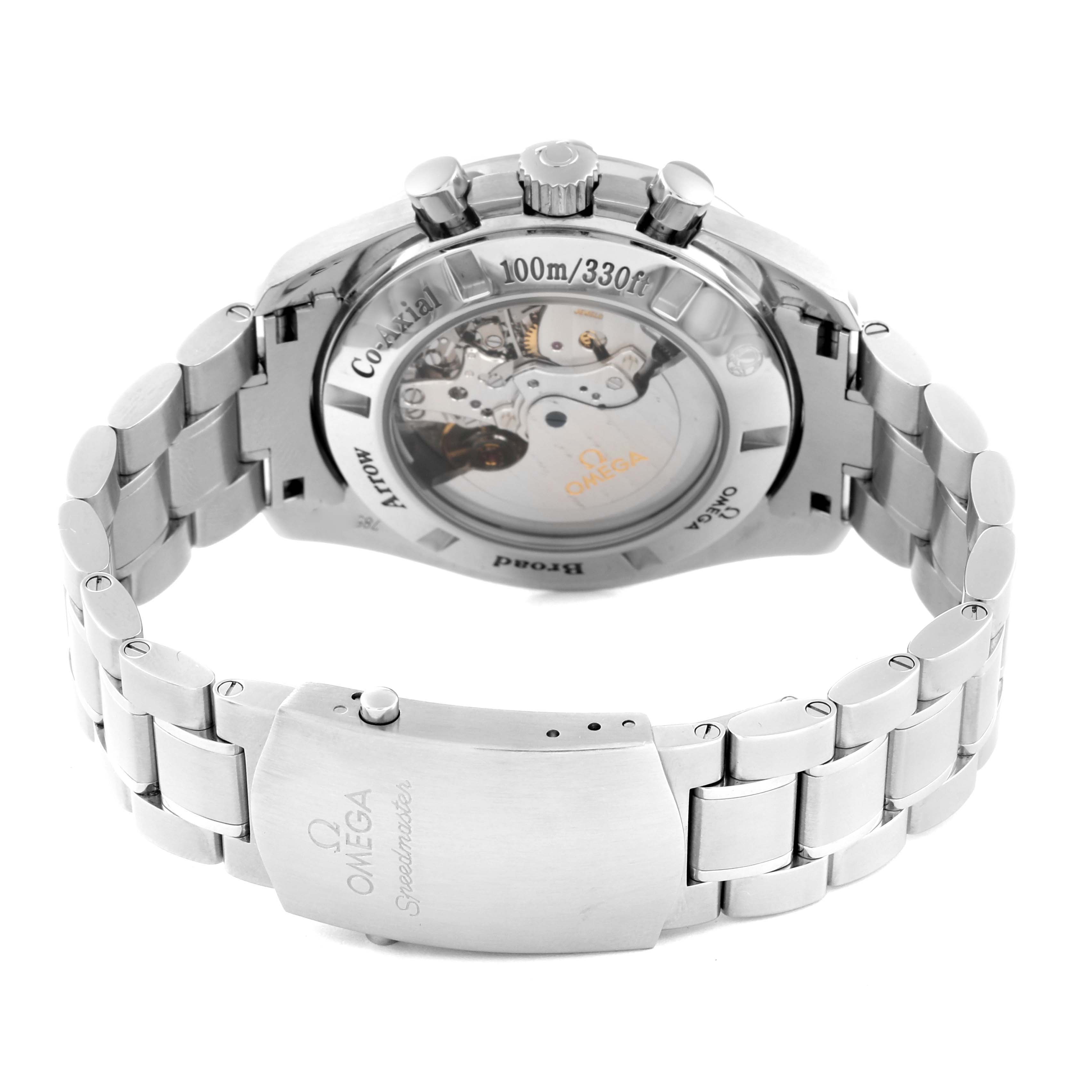 The image shows the back view of an Omega Speedmaster 321.10.44.50.01.001 Men
s Stainless Steel Black Dial 321.10.44.50.01.001 Men
s Stainless Steel Black Dial, displaying its transparent case back and metal bracelet.