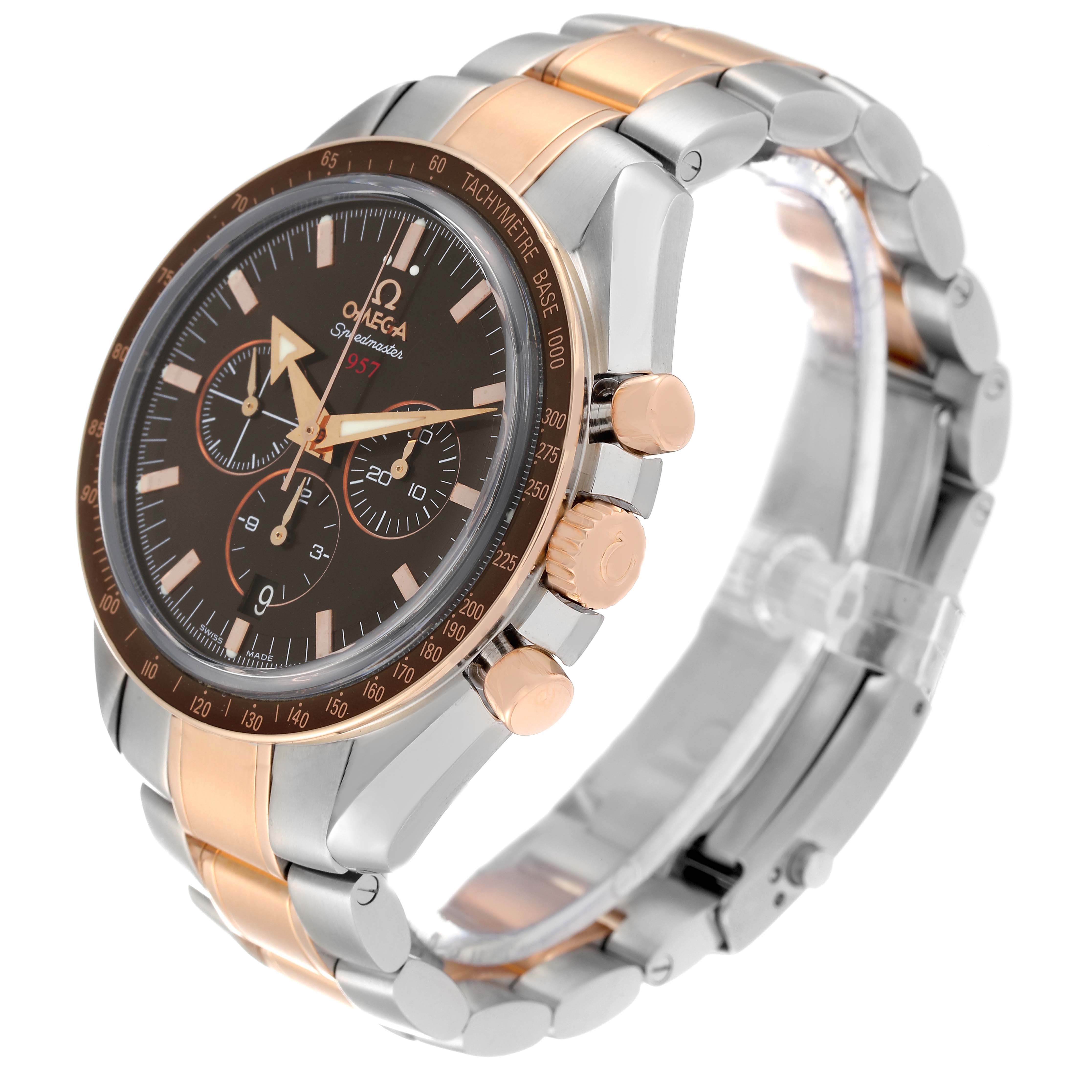 The image shows a side angle of the Omega Speedmaster 321.90.42.50.13.001 Men's Steel and Gold (two tone) Brown Dial 321.90.42.50.13.001 Men's Steel and Gold (two tone) Brown Dial watch, highlighting its bracelet, case, and chronograph pushers.