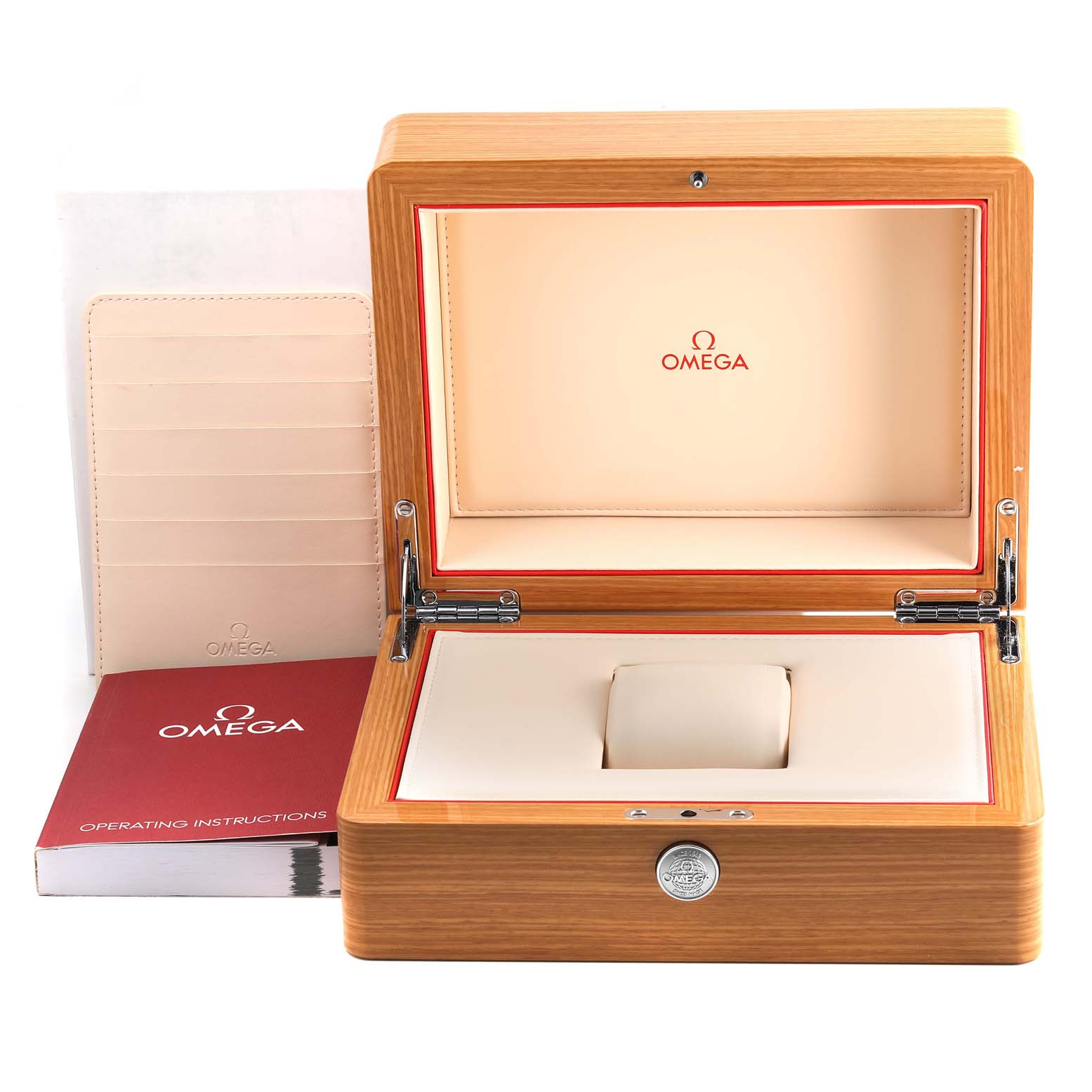 This image shows an Omega Speedmaster 321.90.42.50.13.001 Men's Steel and Gold (two tone) Brown Dial 321.90.42.50.13.001 Men's Steel and Gold (two tone) Brown Dial watch box, including an instruction manual and a cardholder, with the box open facing front.