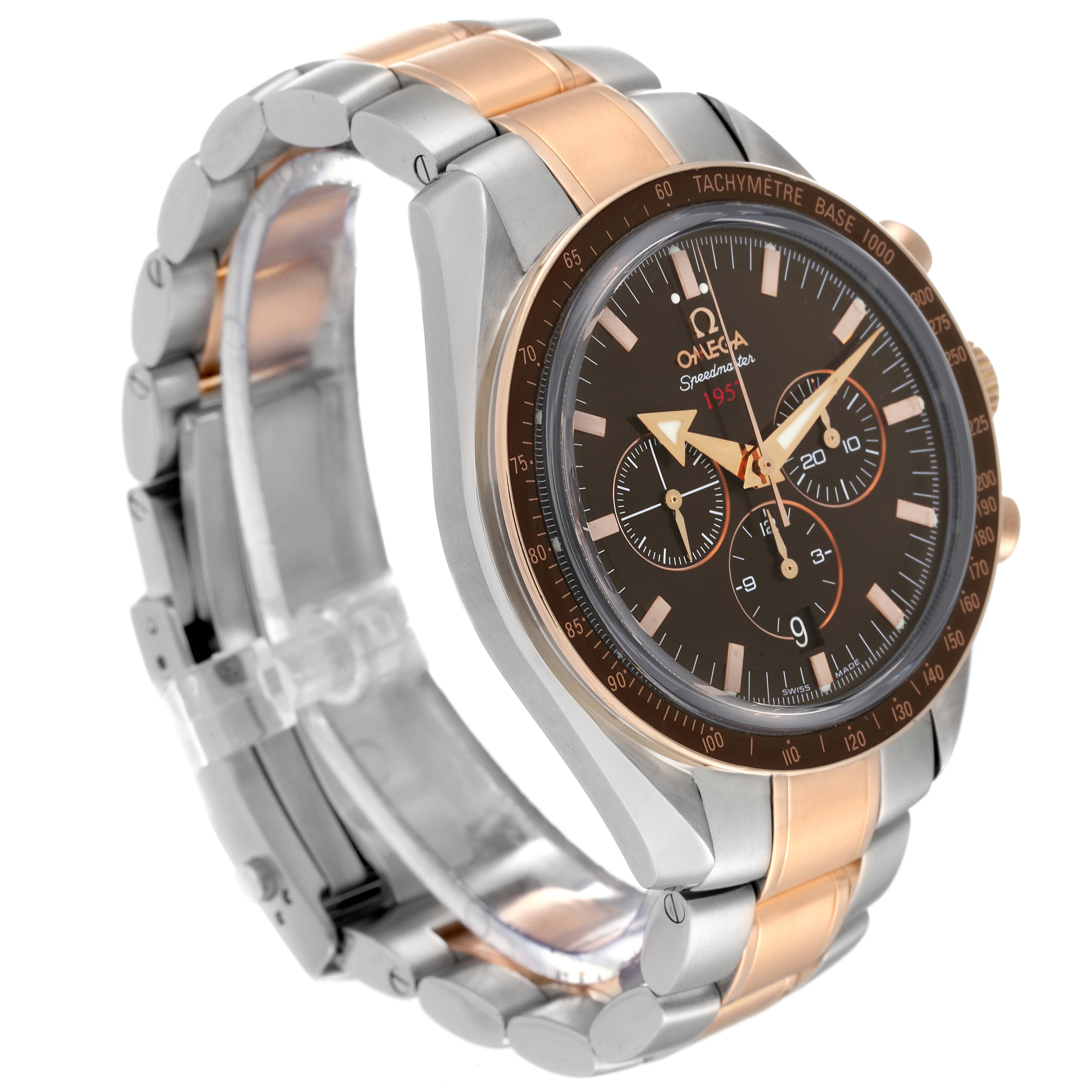 The Omega Speedmaster 321.90.42.50.13.001 Men's Steel and Gold (two tone) Brown Dial 321.90.42.50.13.001 Men's Steel and Gold (two tone) Brown Dial watch is shown at a left side angle highlighting the tachymeter, dial, and metal strap.
