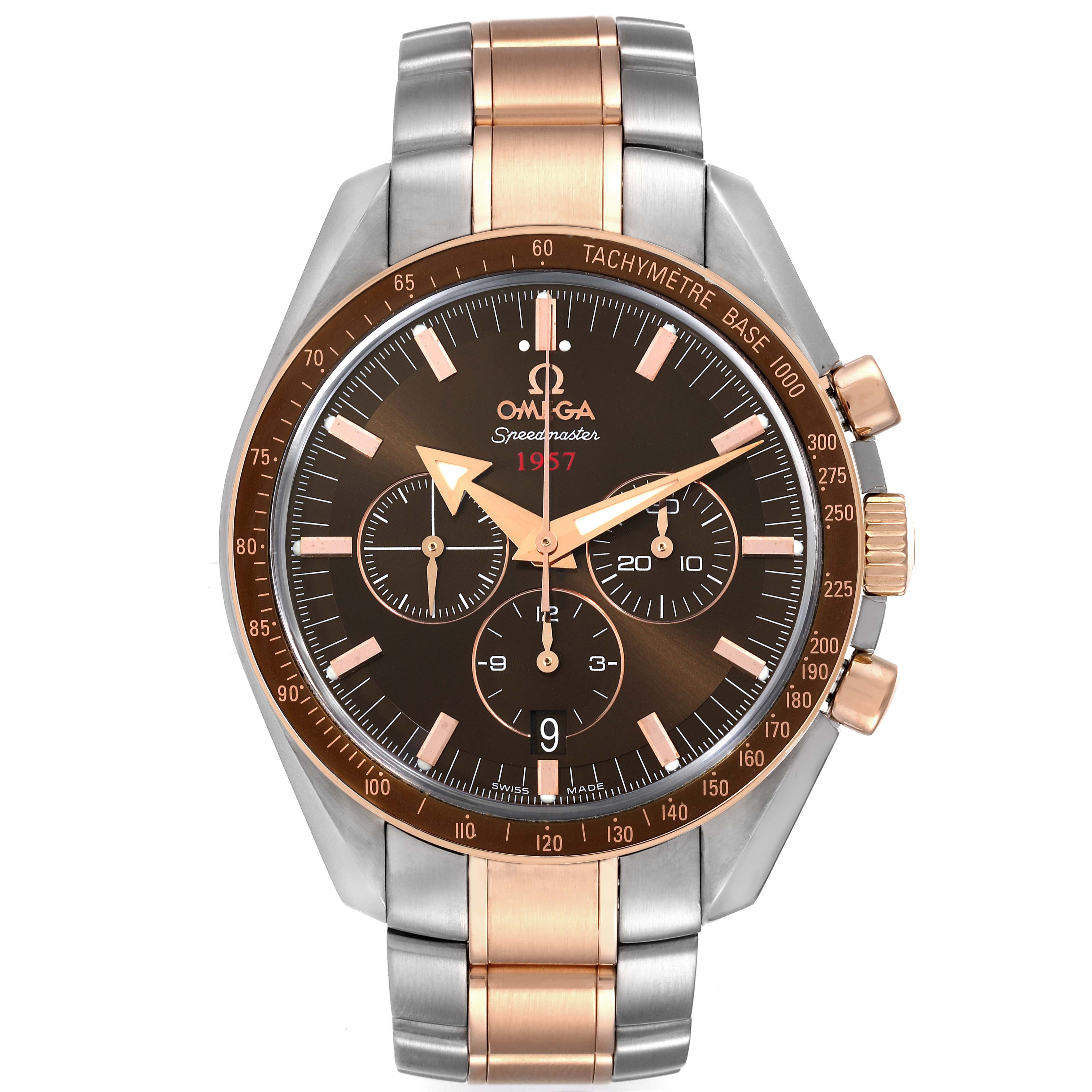 The image shows a frontal view of the Omega Speedmaster 321.90.42.50.13.001 Men's Steel and Gold (two tone) Brown Dial 321.90.42.50.13.001 Men's Steel and Gold (two tone) Brown Dial watch, highlighting the dial, bezel, and bracelet.