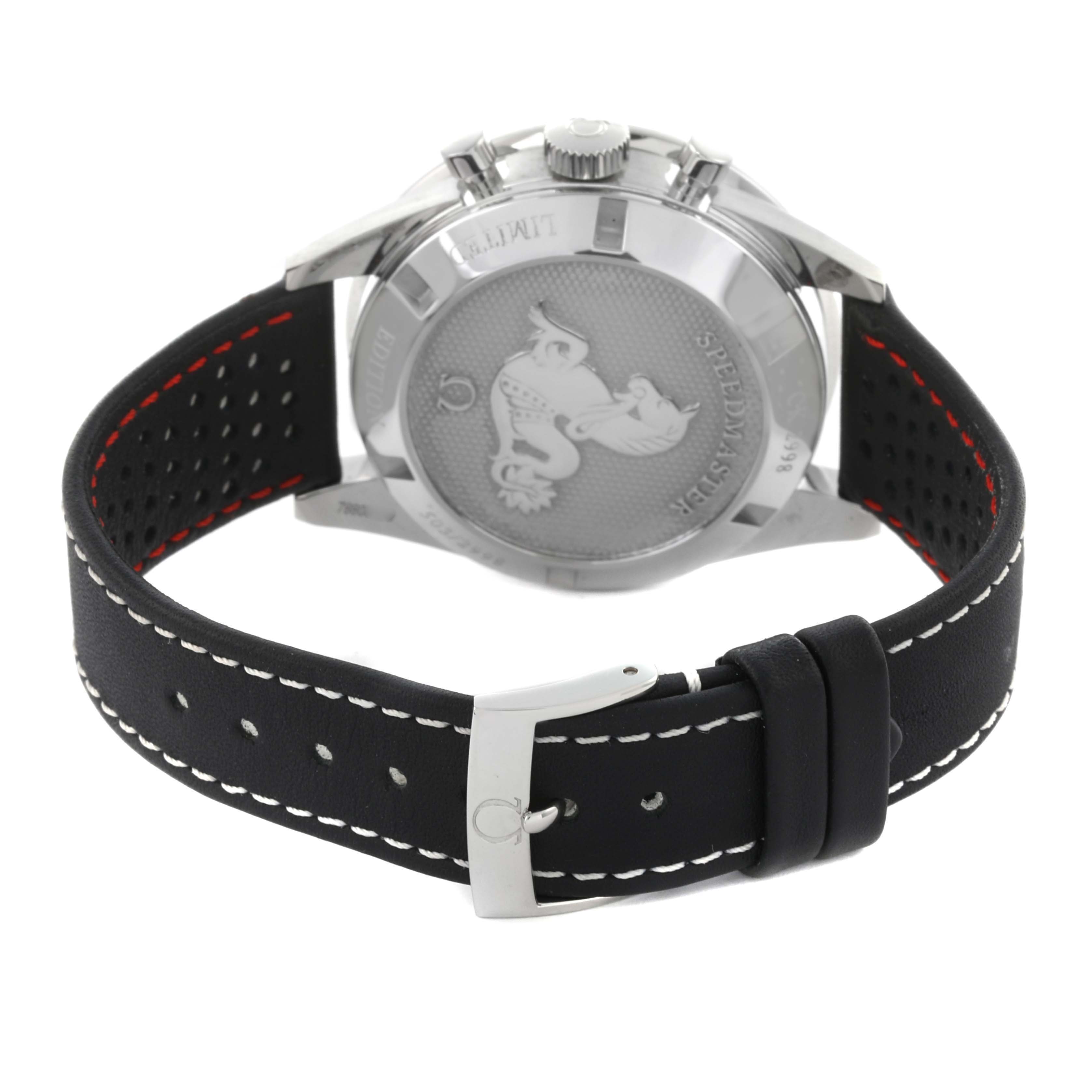 The Omega Speedmaster 311.32.40.30.02.001 Men's Stainless Steel Silver Dial is shown from the back, displaying the case back and black leather strap with white stitching.